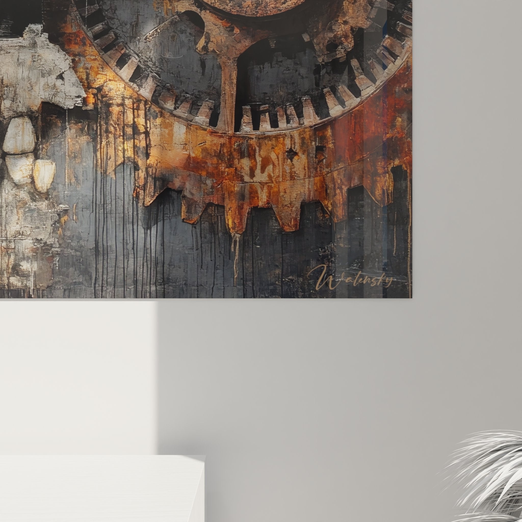 Vue ensemble tableau mural crâne mécanique engrenages décoration industrielle art steampunk