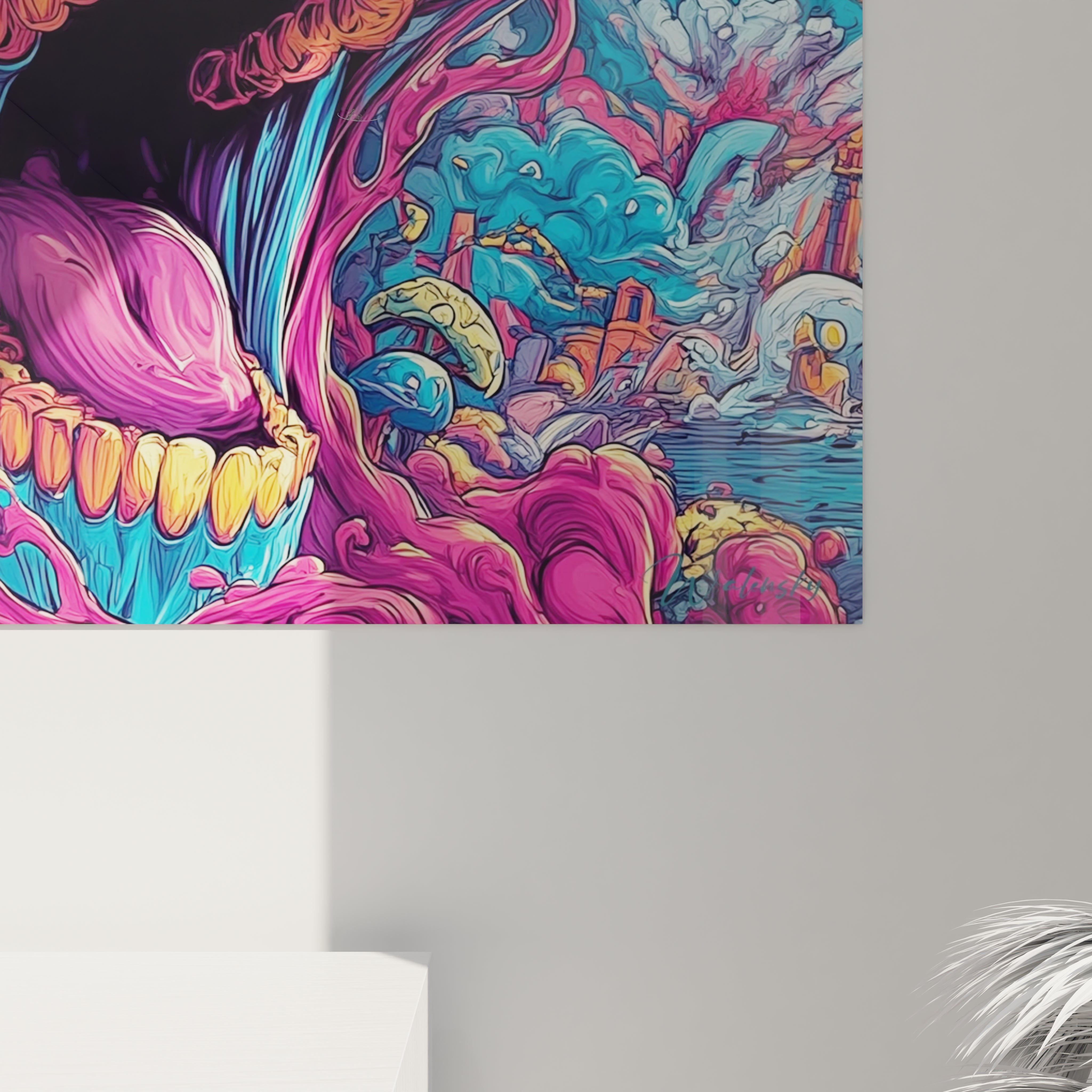 Vue ensemble tableau crâne psychédélique couleurs vibrantes, œuvre art mural moderne pour décoration intérieure