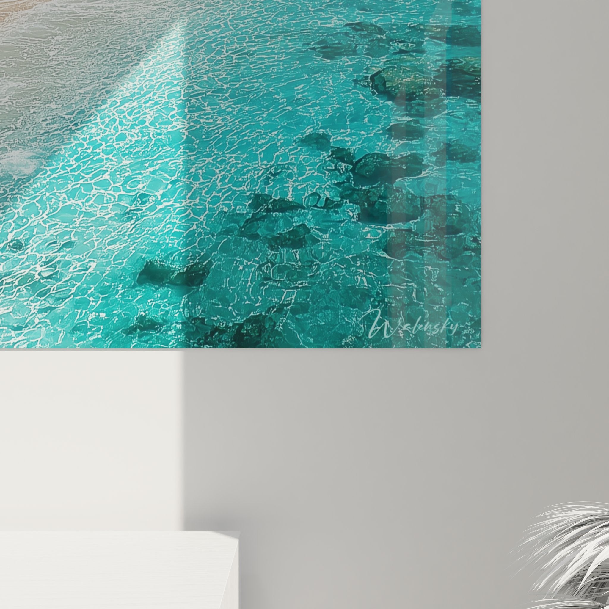 Vue ensemble tableau mural crique méditerranéenne décoration intérieur style coastal