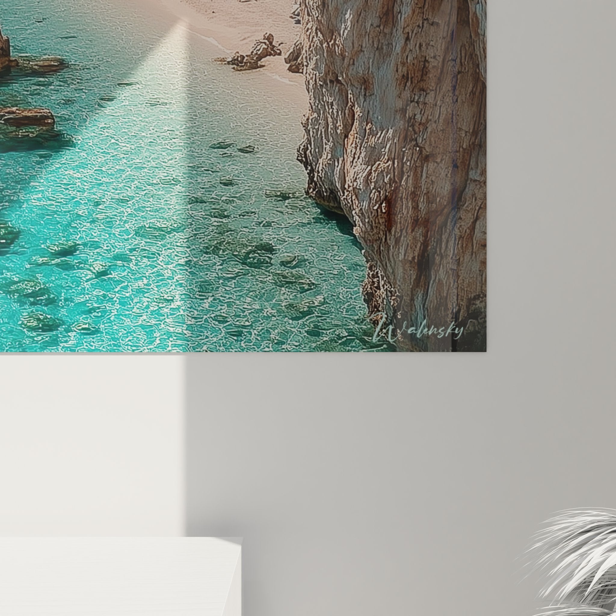 Vue ensemble tableau mural crique paradisiaque décoration plage eaux cristallines falaises blanches