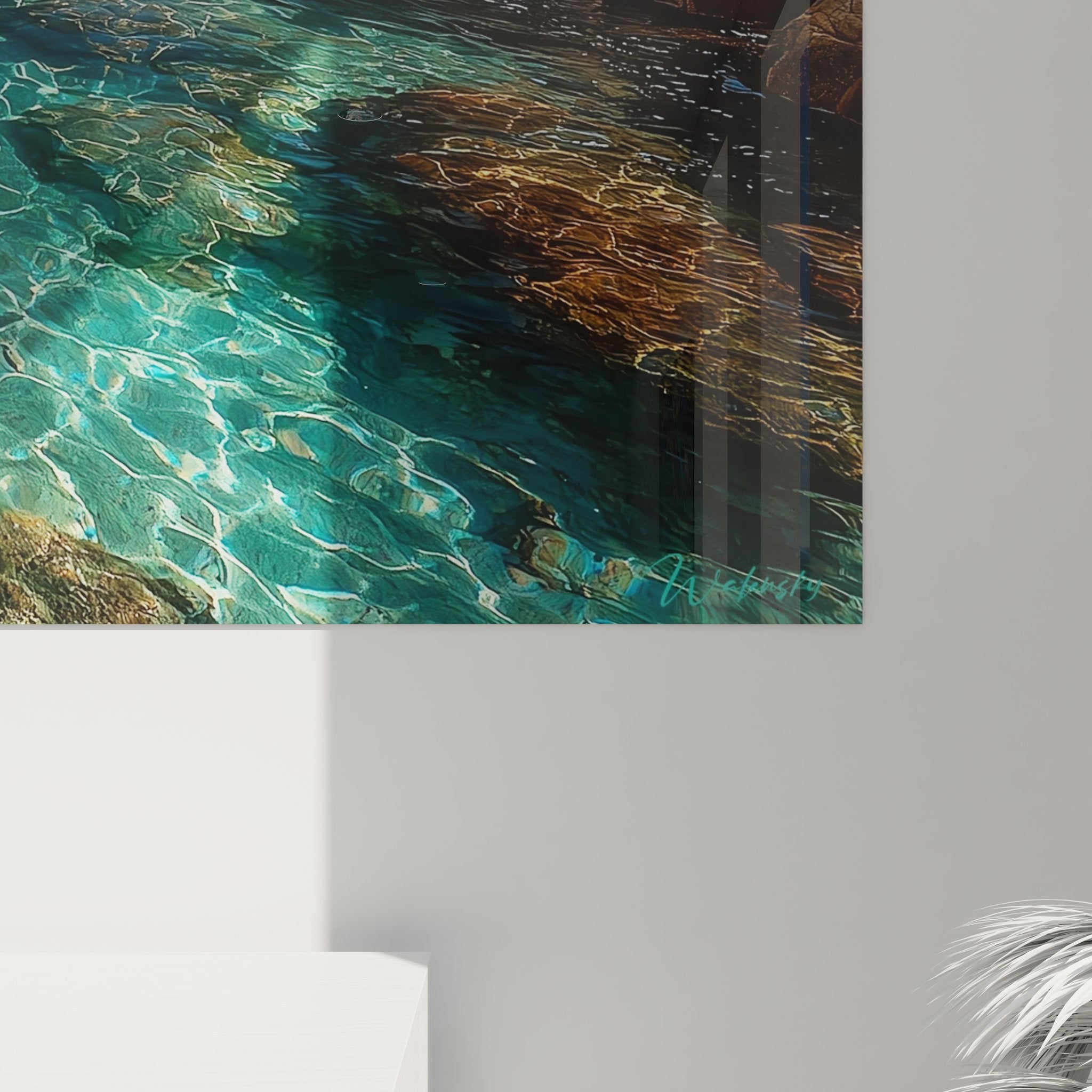 Vue ensemble tableau mural crique tropicale salon décoration plage eaux cristallines rochers