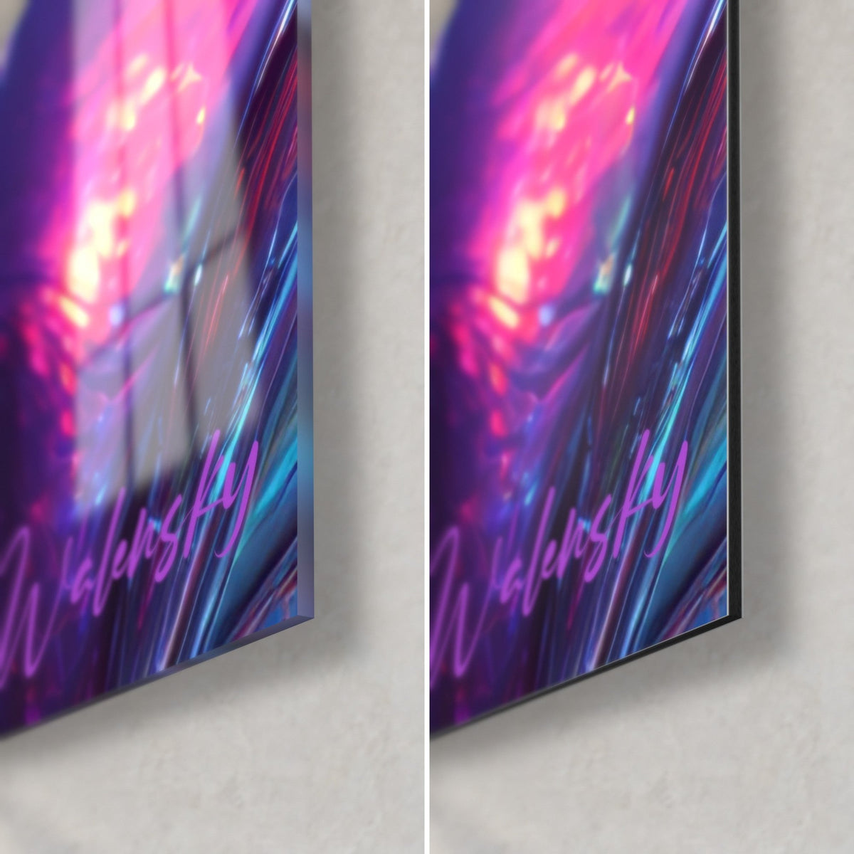 Quadro frammenti di vetro iridescente, angolo in basso a destra: acrilico lucido con riflessi rosa e Dibond nero opaco, spessore 3 mm