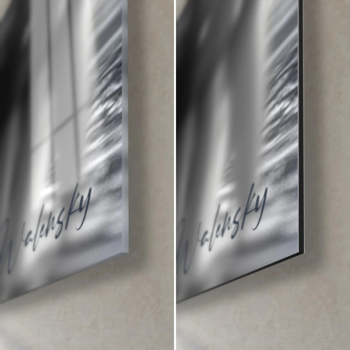 Tableau saurien aux écailles gris argent, coin bas droit : verre brillant à reflets, alu Dibond noir mat, tranche de 3 mm