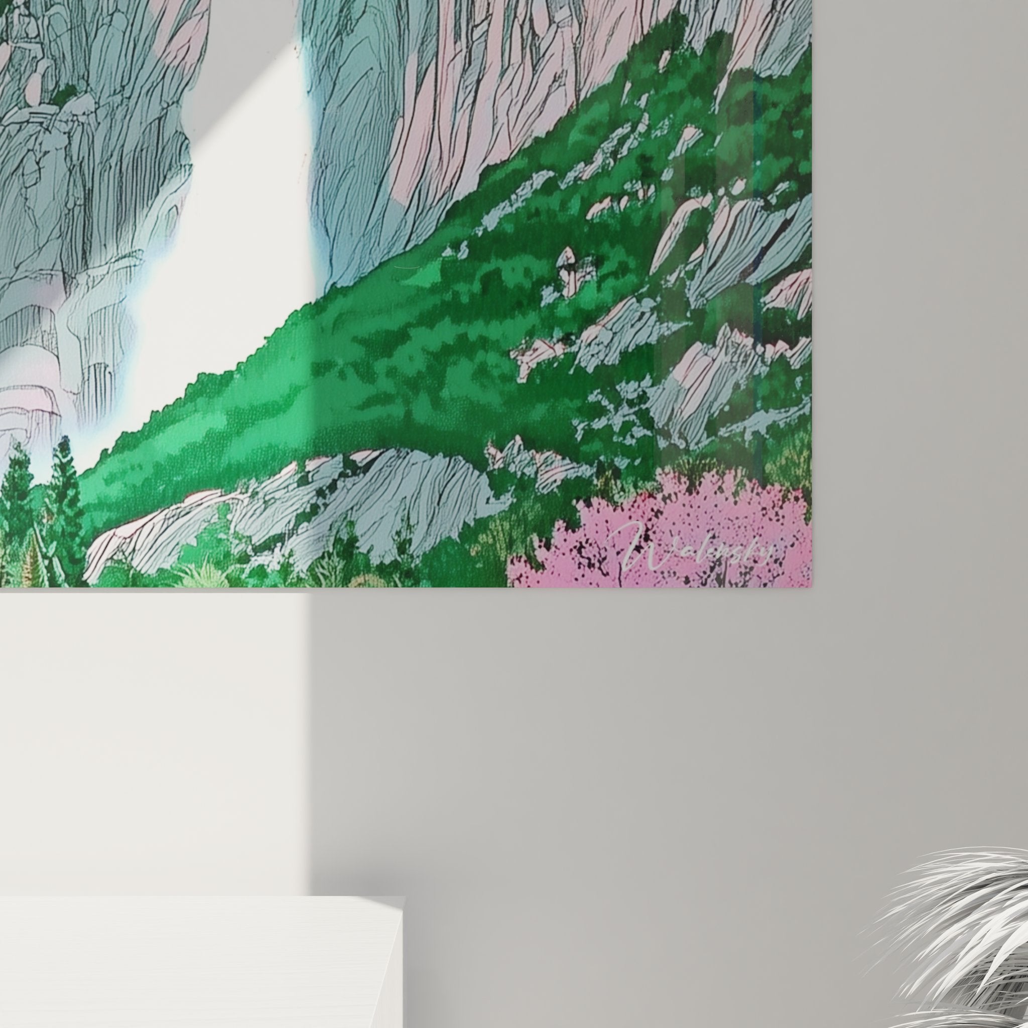 Vue ensemble tableau décoratif cascade sous lune verte avec montagnes et pin pour art mural nature
