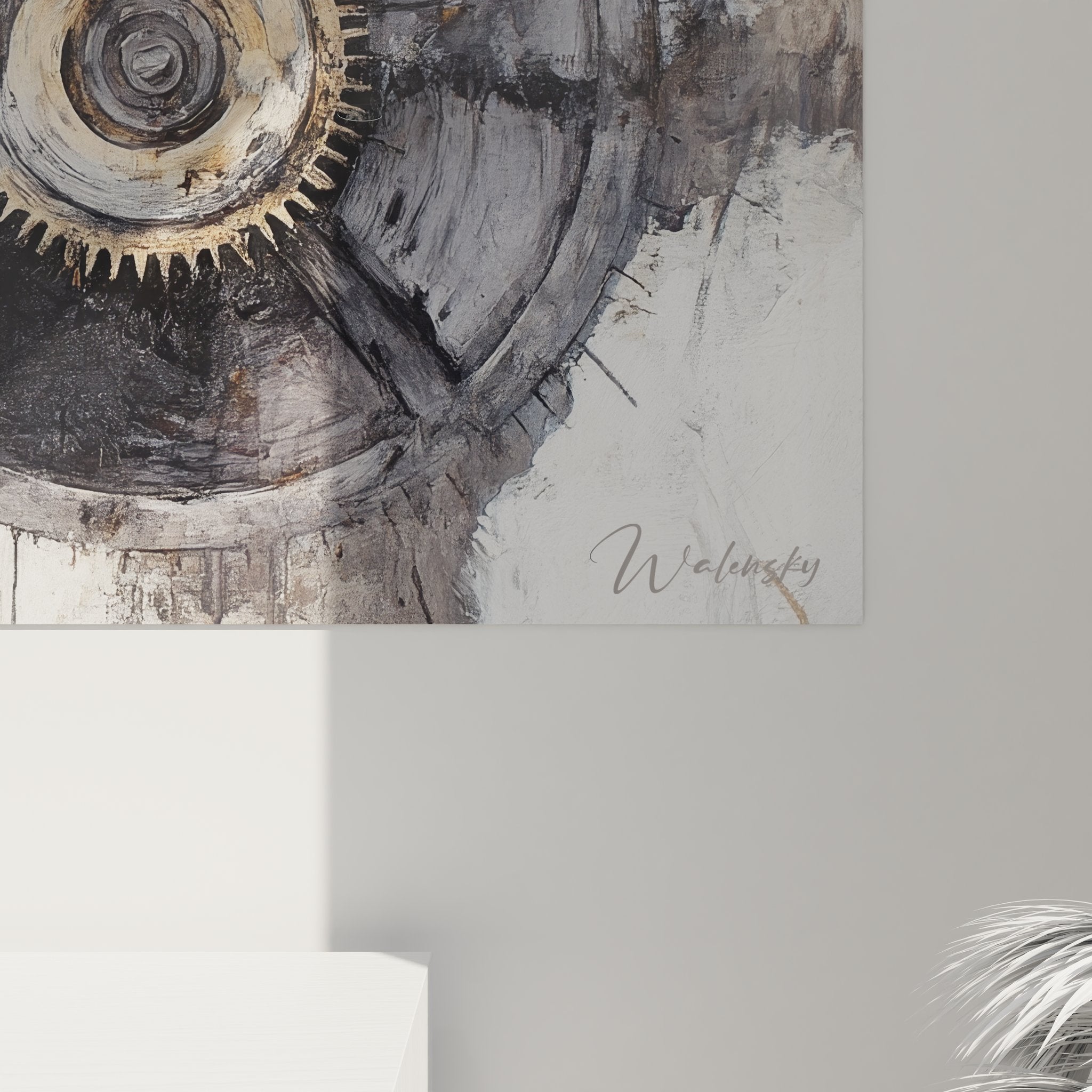 Vue ensemble tableau décoratif engrenages industriels art mural moderne