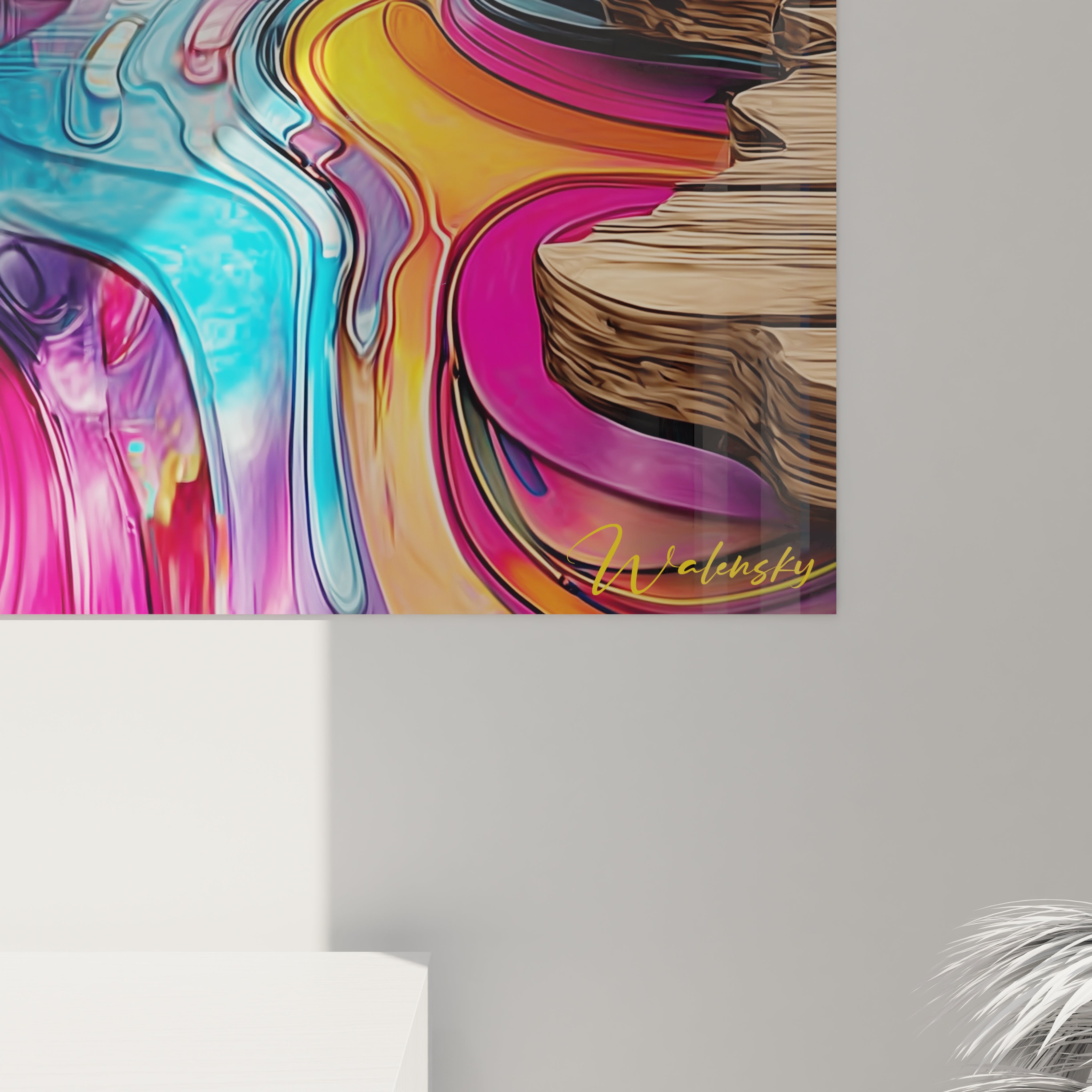 Vue ensemble tableau décoratif forêt moderne, paysage psychédélique couleurs vives pour intérieur