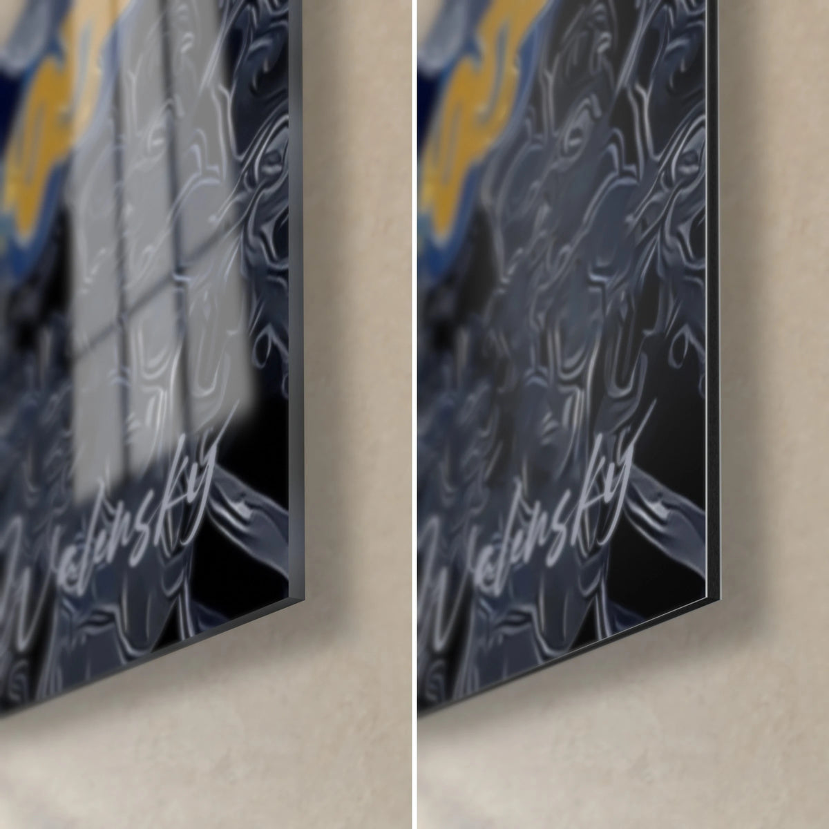 Wall art crowned crane, bottom right corner: glossy acrylic glass with reflections, matte black Dibond aluminium, 3 mm edge and signature