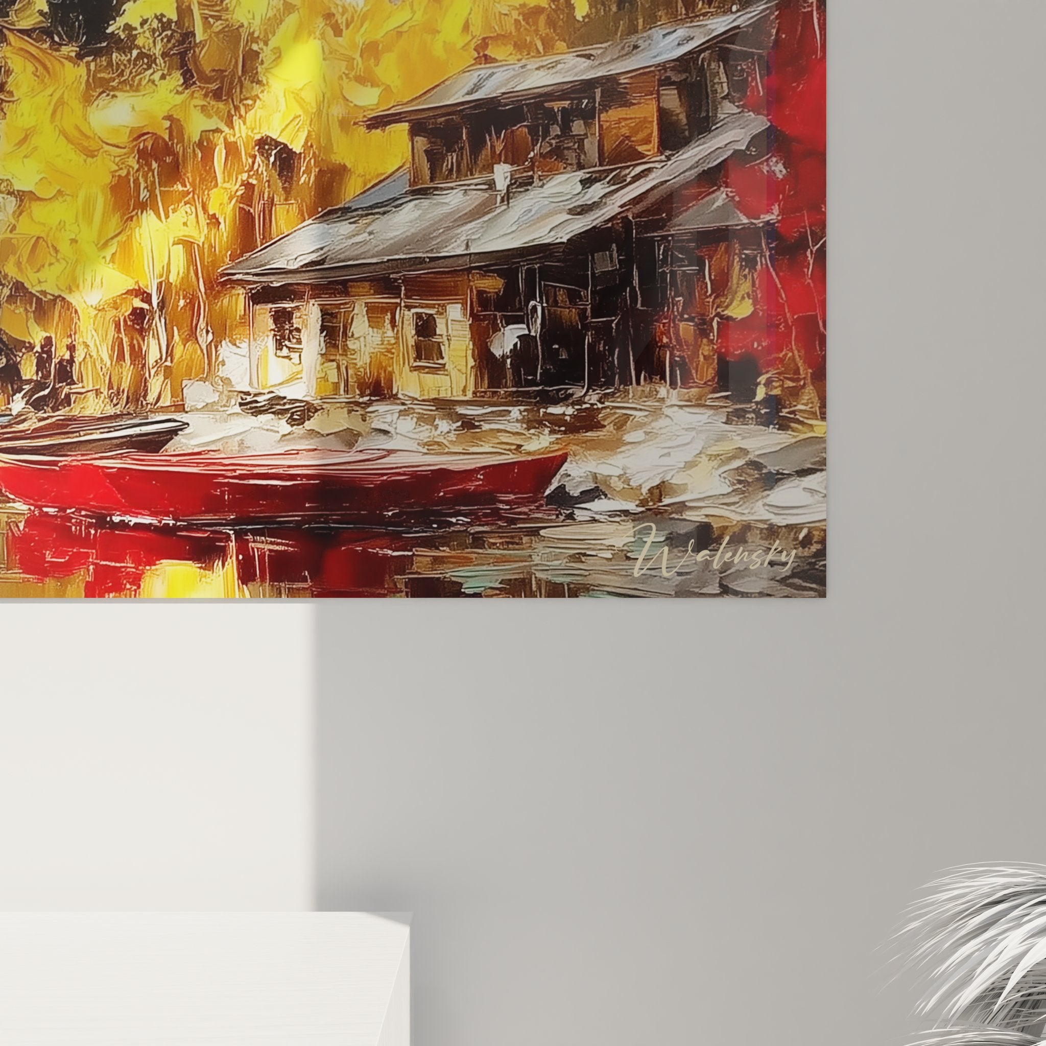 Vue ensemble tableau décoratif lac alpin, œuvre murale grand format aux couleurs chaudes et froides harmonieuses