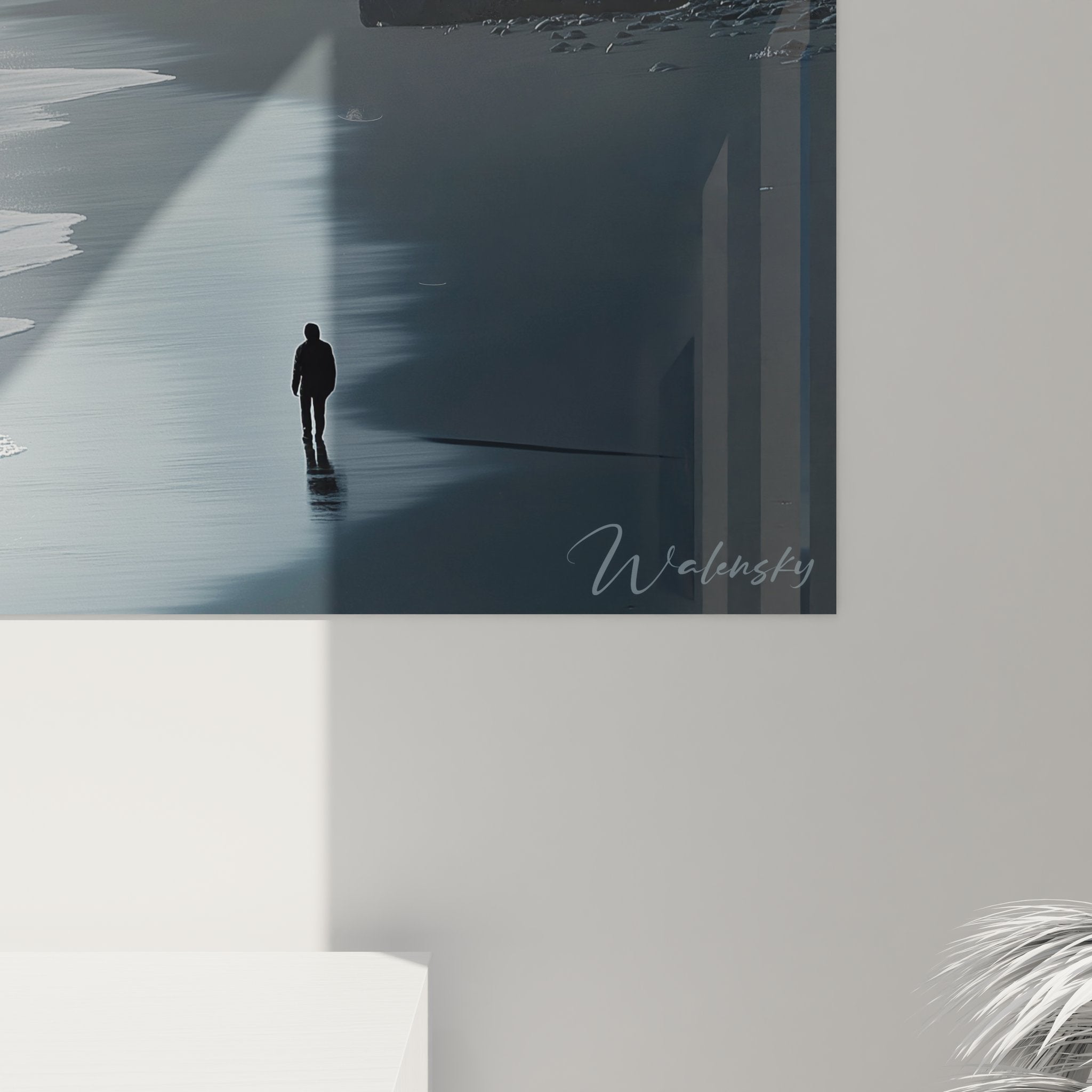 Vue ensemble tableau décoratif littoral sauvage composition complète falaises mer et silhouette humaine