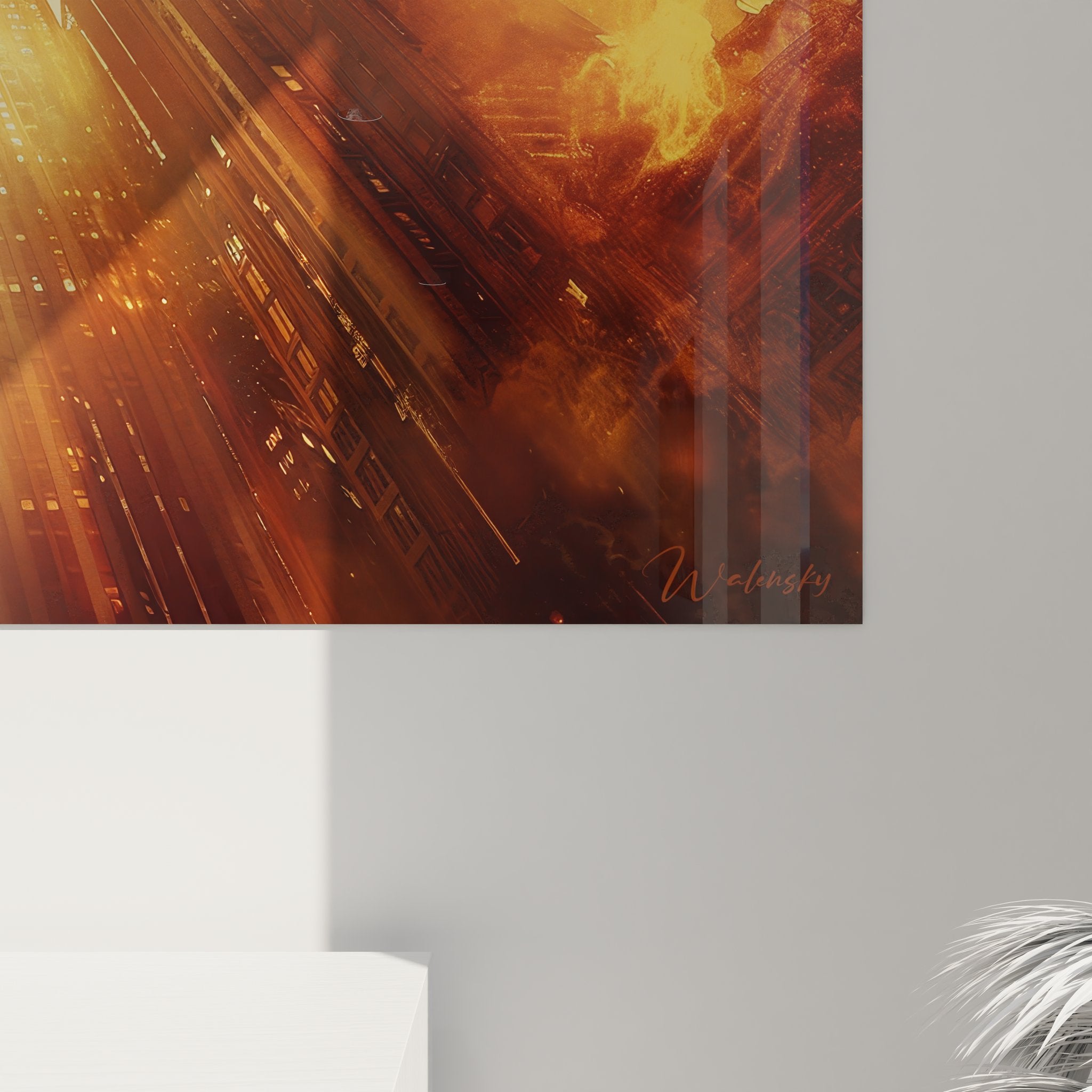 Vue ensemble tableau décoratif New York gratte-ciel perspective urbaine art mural doré