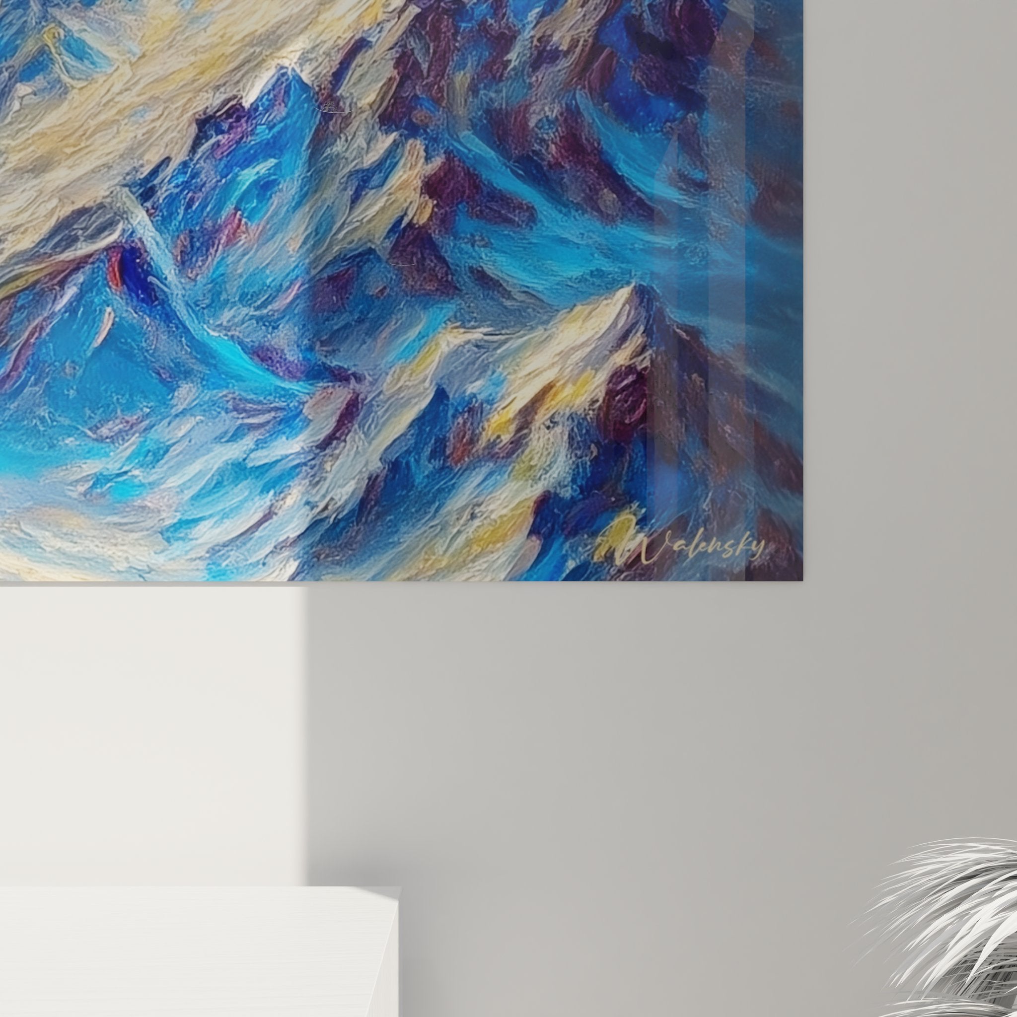 Vue ensemble tableau décoratif montagne, sommet illuminé décoration murale, peinture alpine premium