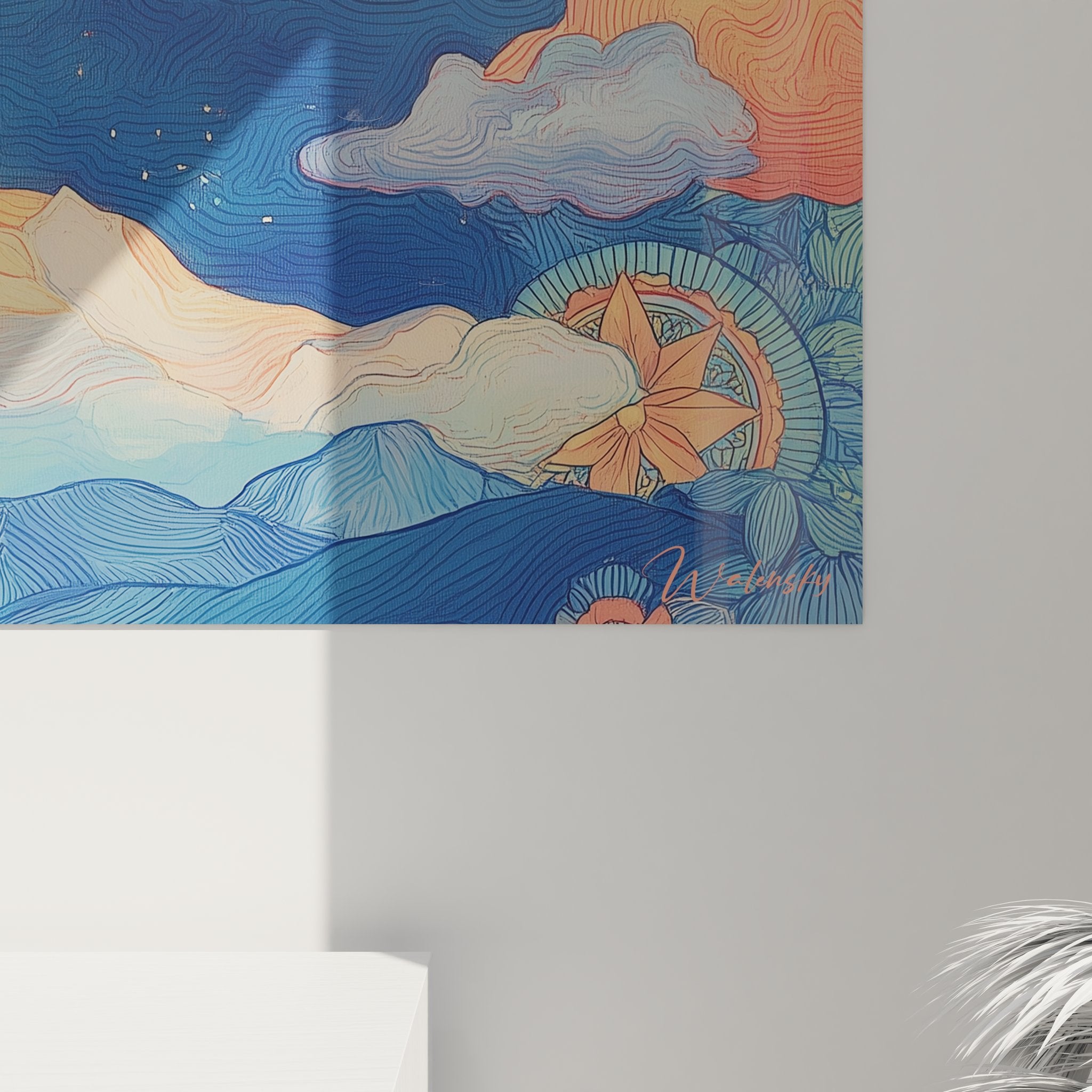 Vue ensemble tableau décoratif montagne design mural, œuvre d'art contemporaine paysage stylisé