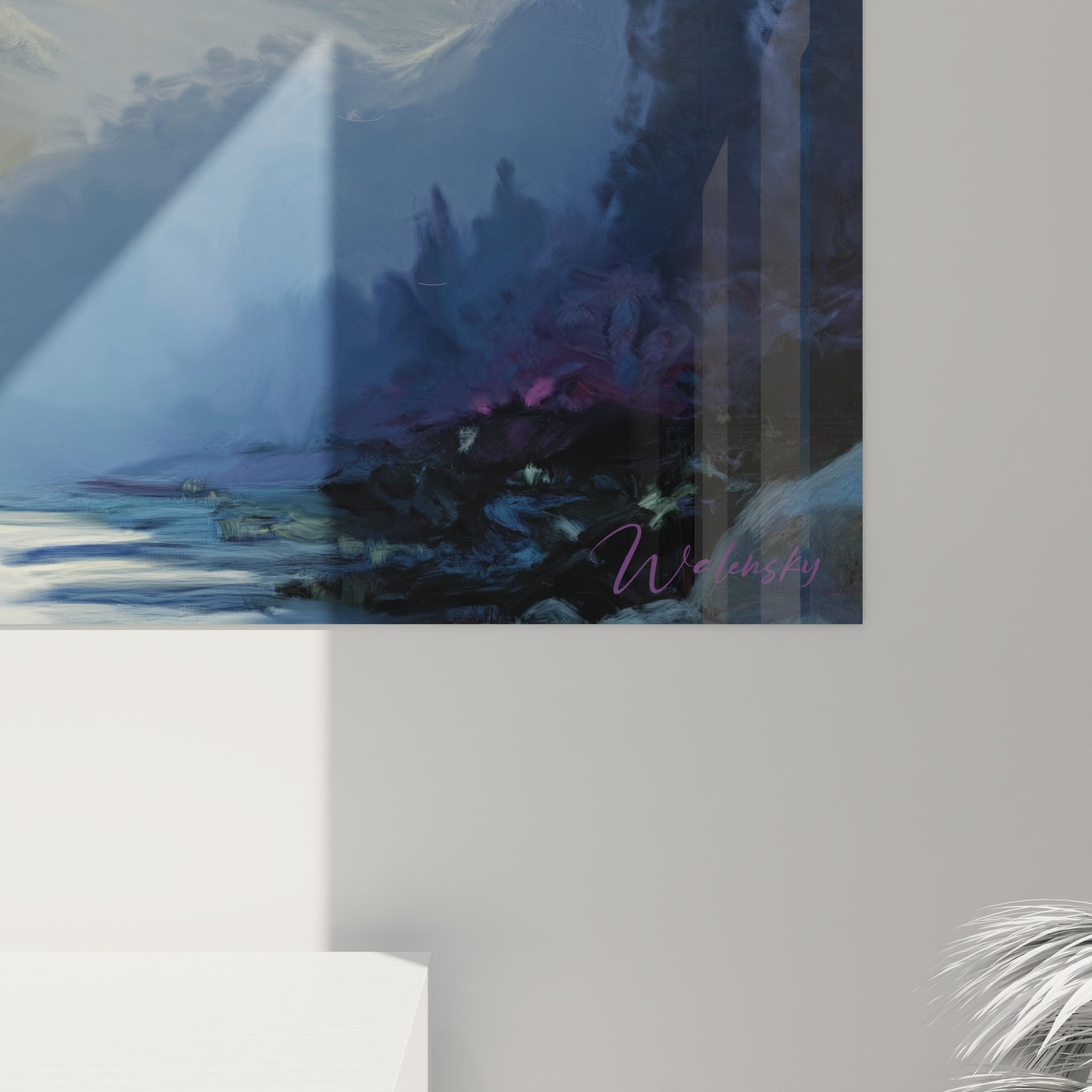 Vue ensemble tableau décoratif montagne dans intérieur moderne, paysage vallée mystique