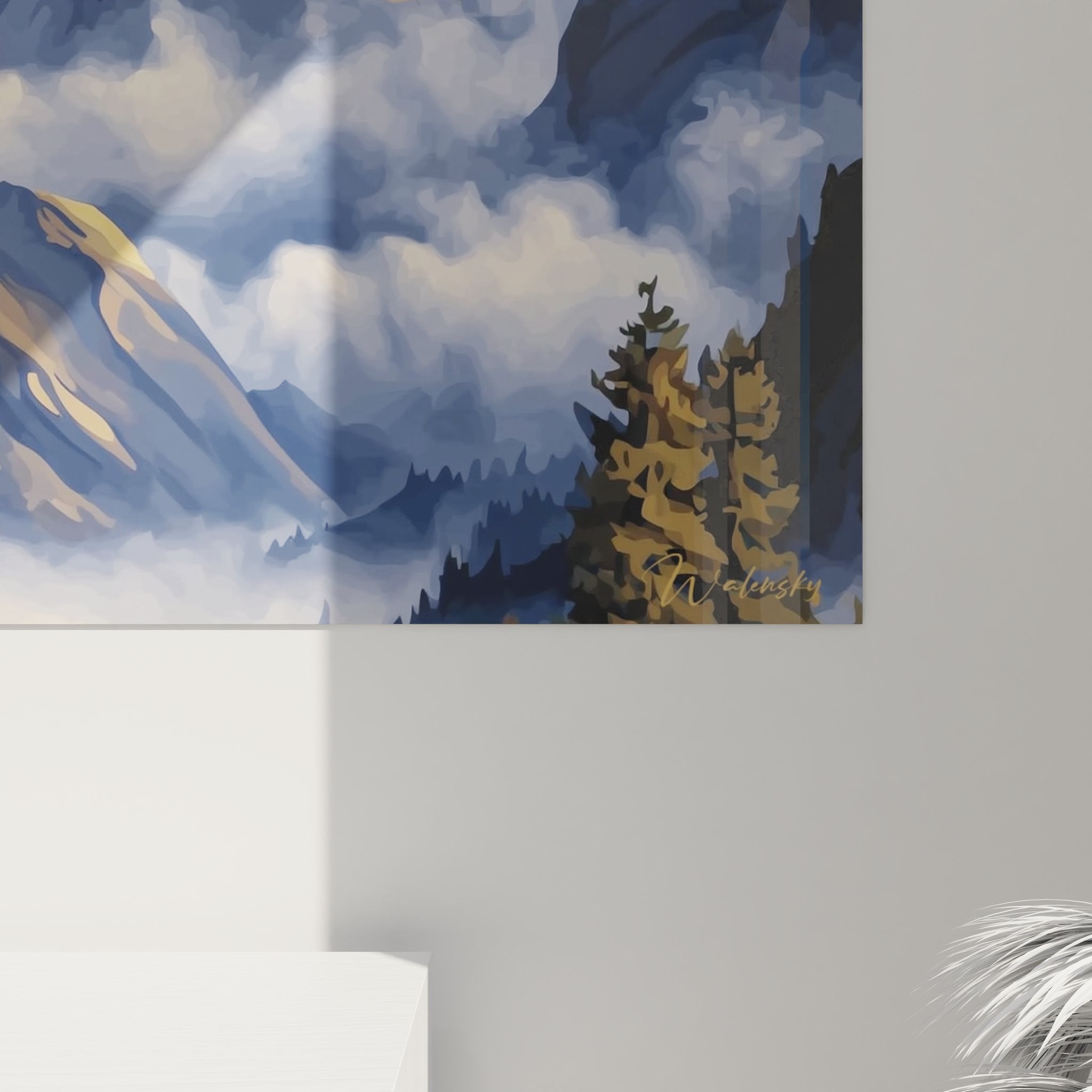 Vue ensemble tableau décoratif montagne - œuvre murale paysage alpin avec pic enneigé et conifères