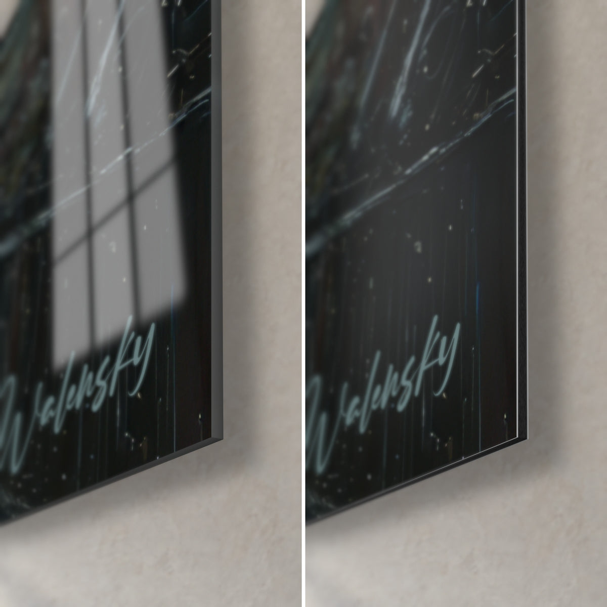 Schilderij van een Manhattaanse straat in een stortbui, rechtsonder: glanzend acrylglas links, mat zwart Dibond rechts, rand van 3 mm