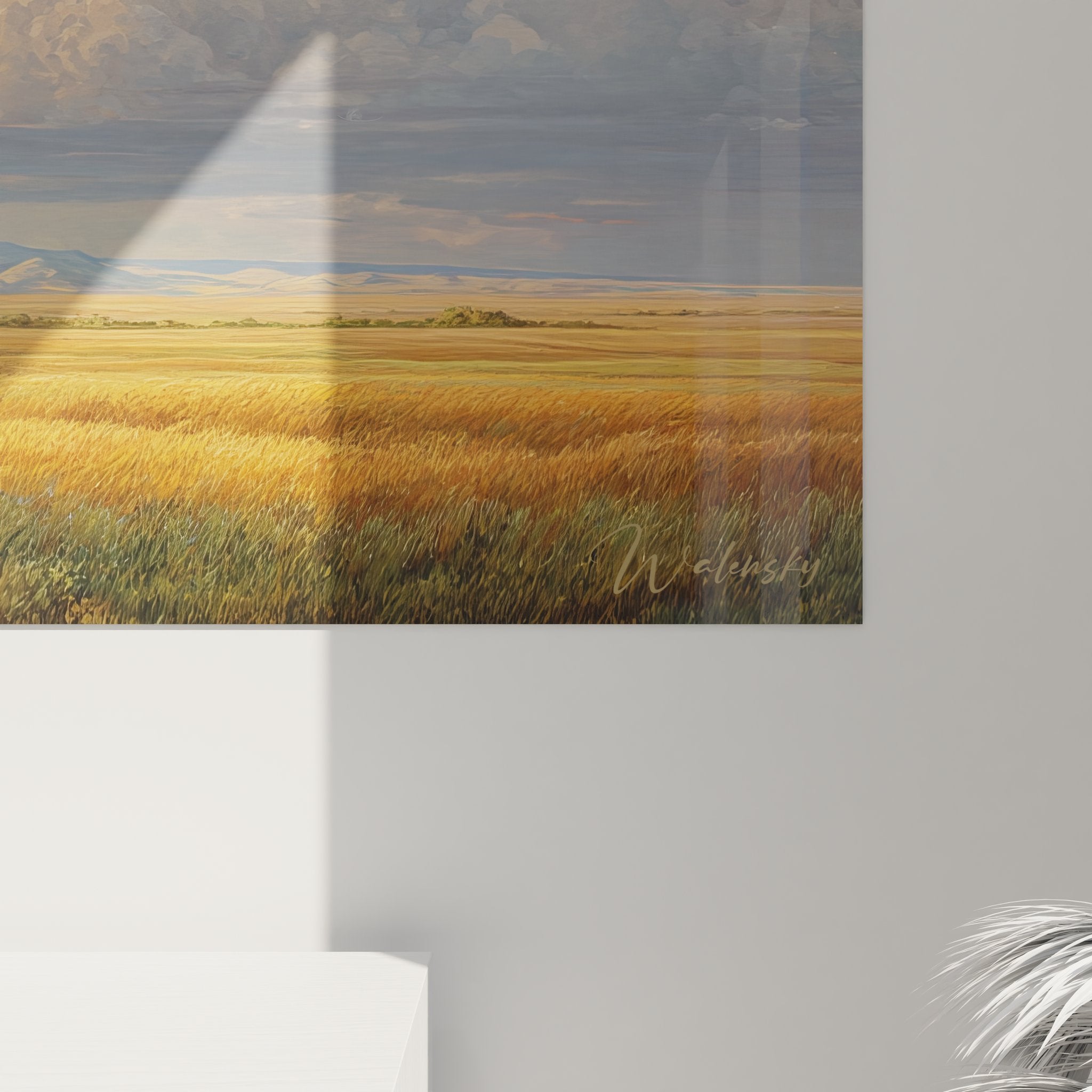 Vue ensemble tableau décoratif paysage campagne prairie arbre solitaire ciel bleu