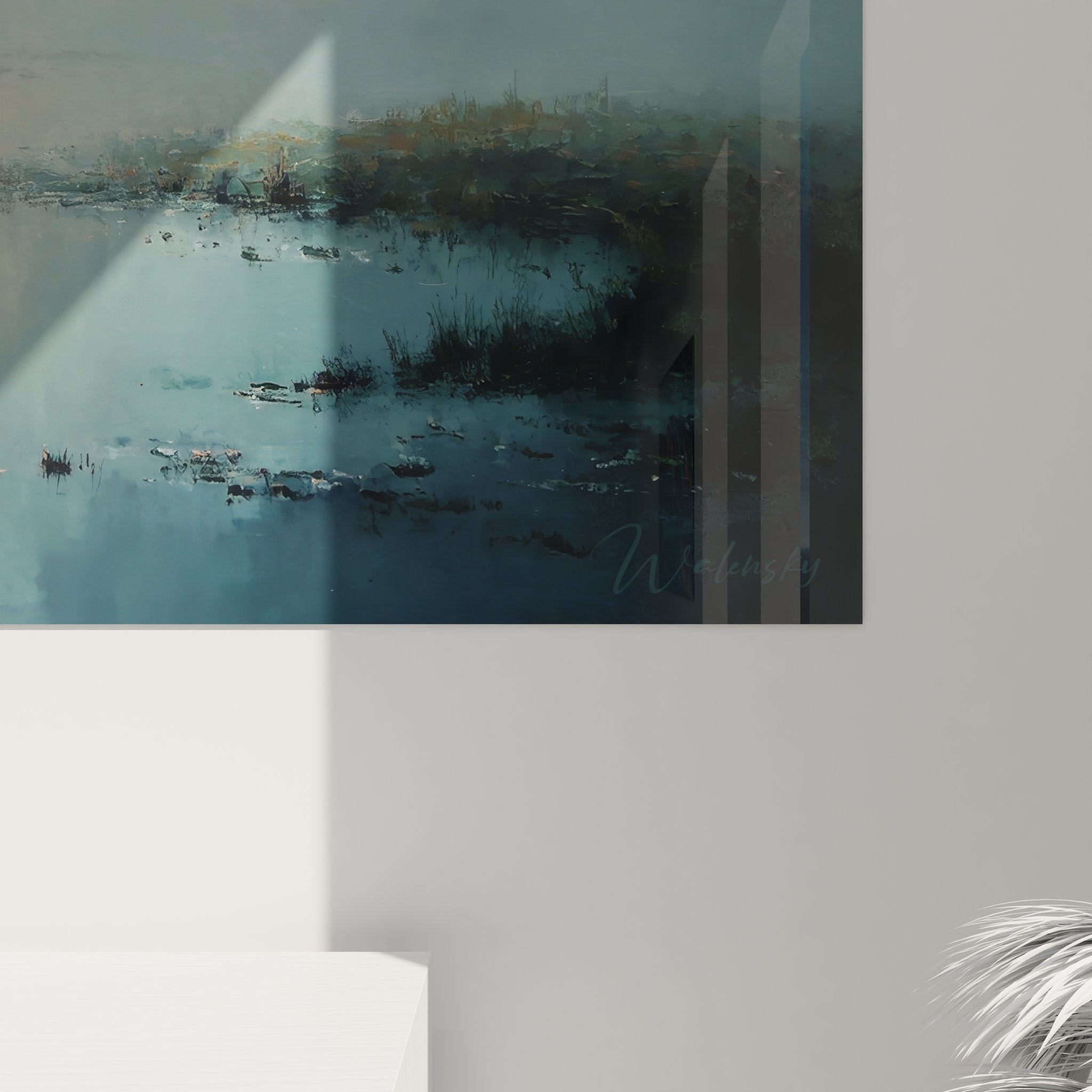 Vue ensemble tableau décoratif lac avec cadre moderne pour décoration murale paysage aquatique