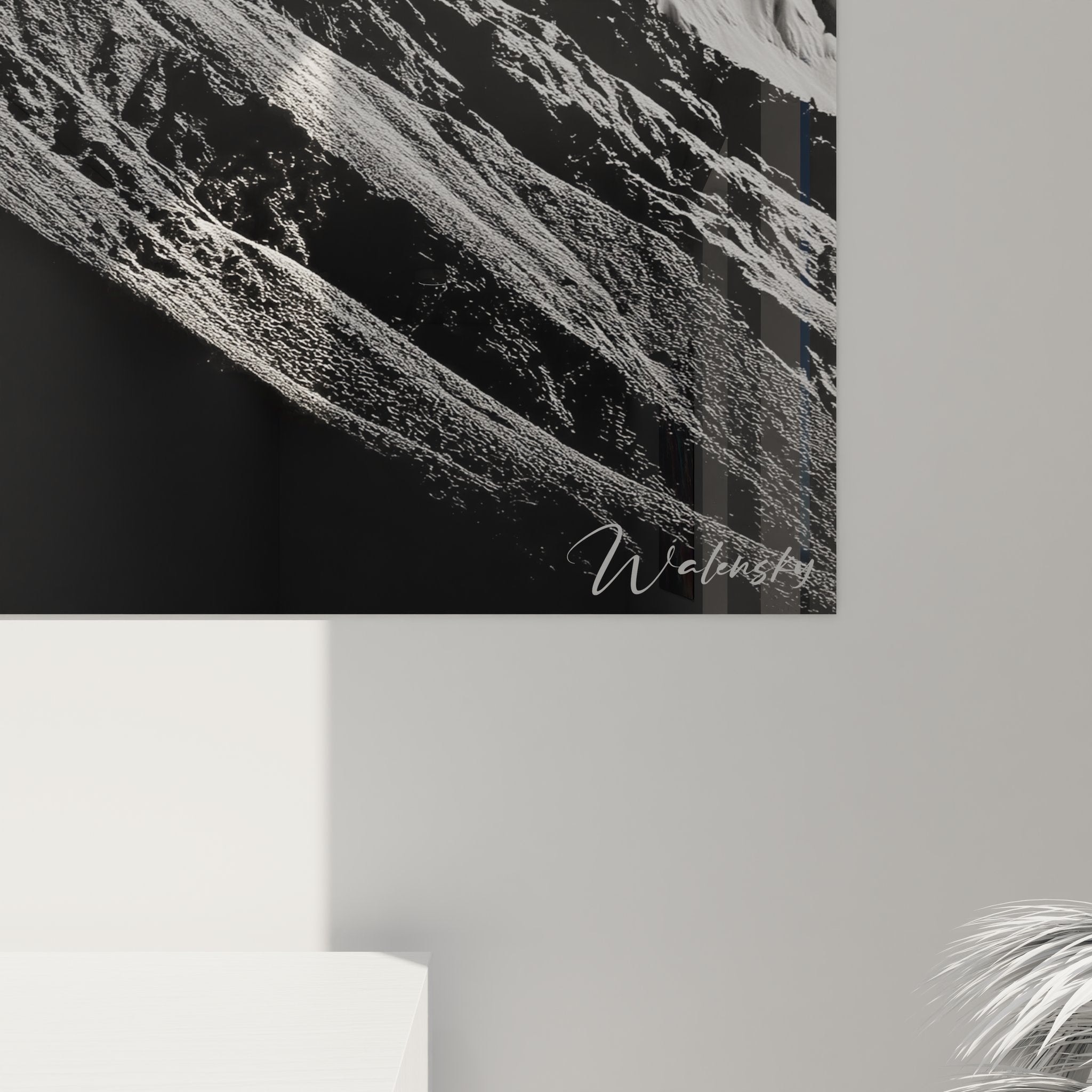 Vue ensemble tableau décoratif montagne, sommet enneigé noir et blanc, œuvre d'art mural paysage alpin