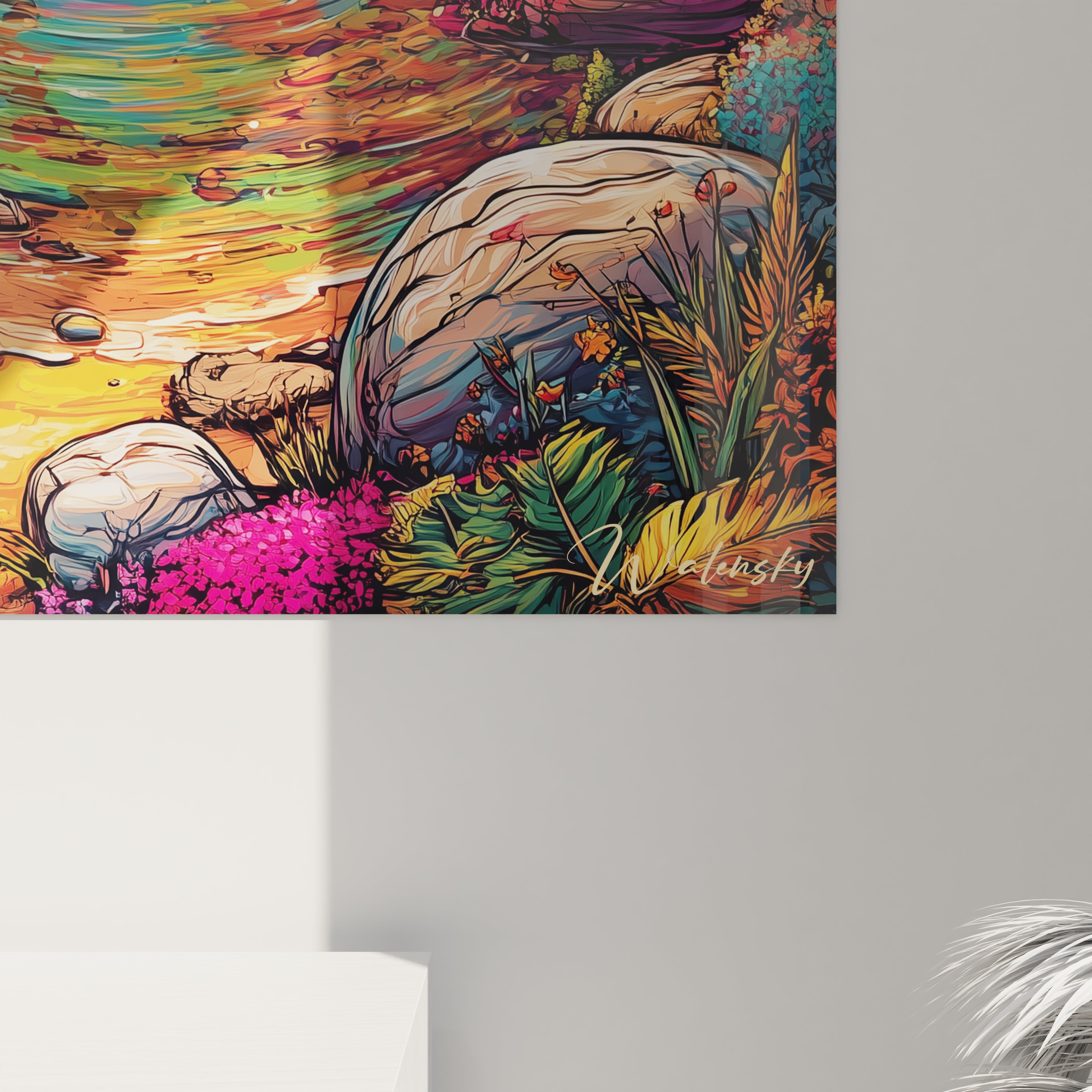Vue ensemble tableau décoratif tropical style bande dessinée coucher soleil féerique palmiers rivière