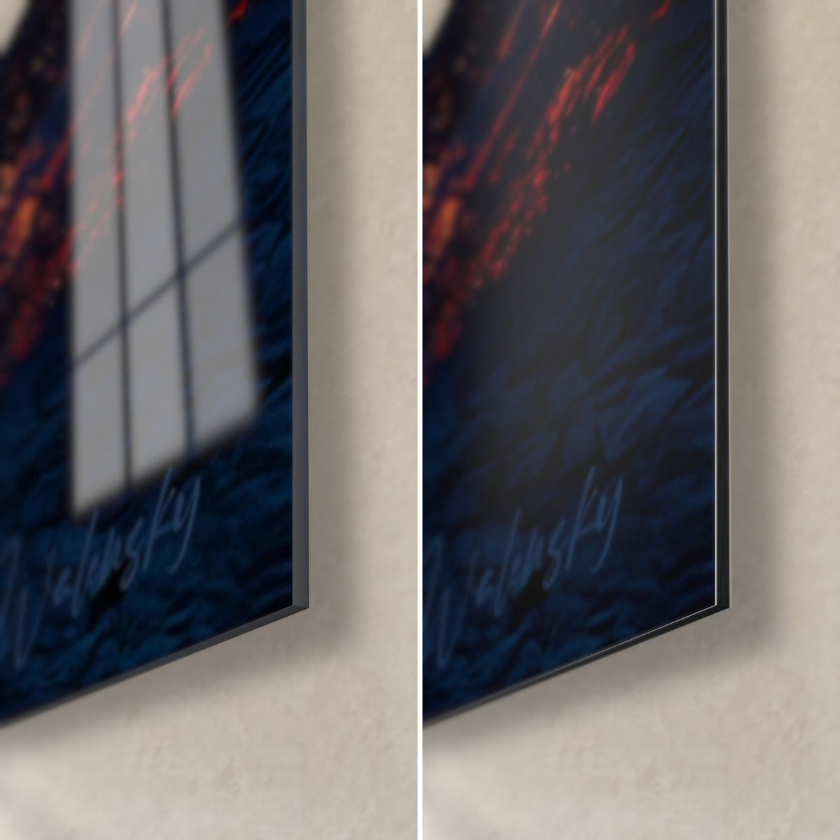 Tableau volcan en fusion, coin bas droit : verre acrylique brillant à gauche, alu Dibond mat à droite, bleu nuit et rouge braise