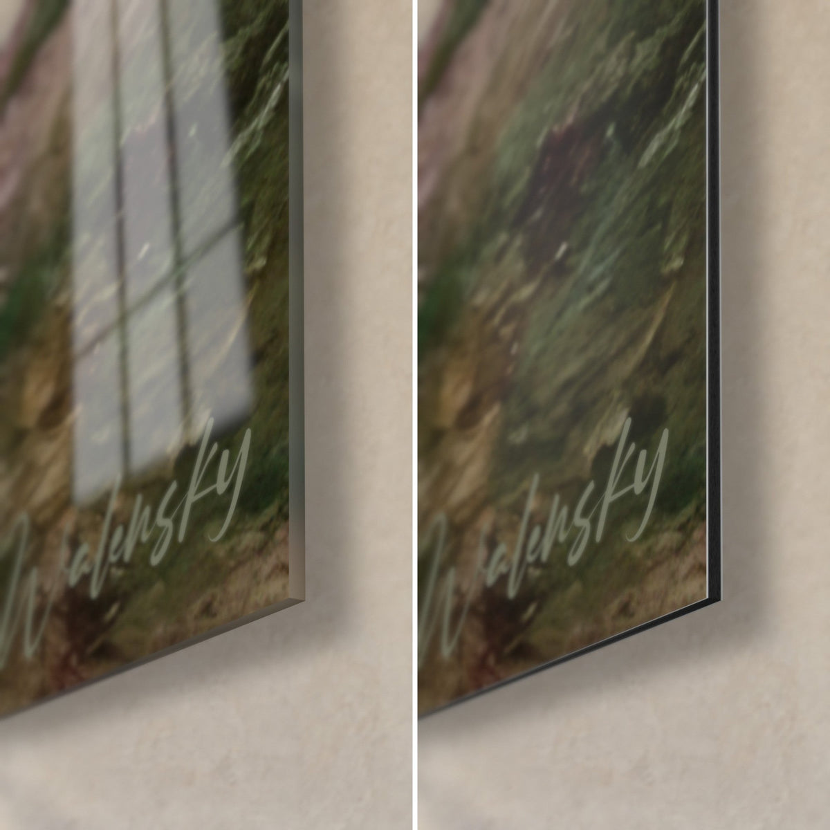 Tableau étang aux touches vert sombre et rose pâle, coin bas droit en verre brillant et alu Dibond mat, tranche de 3 mm