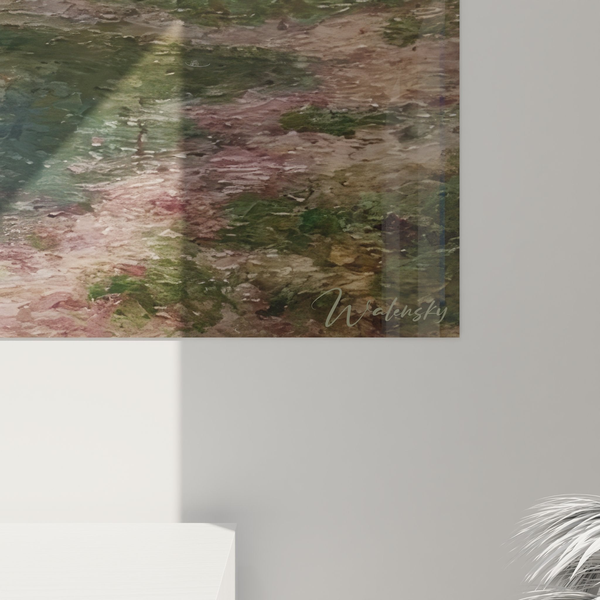 Vue ensemble tableau décoration paysage rivière, œuvre murale nature pour intérieur contemporain