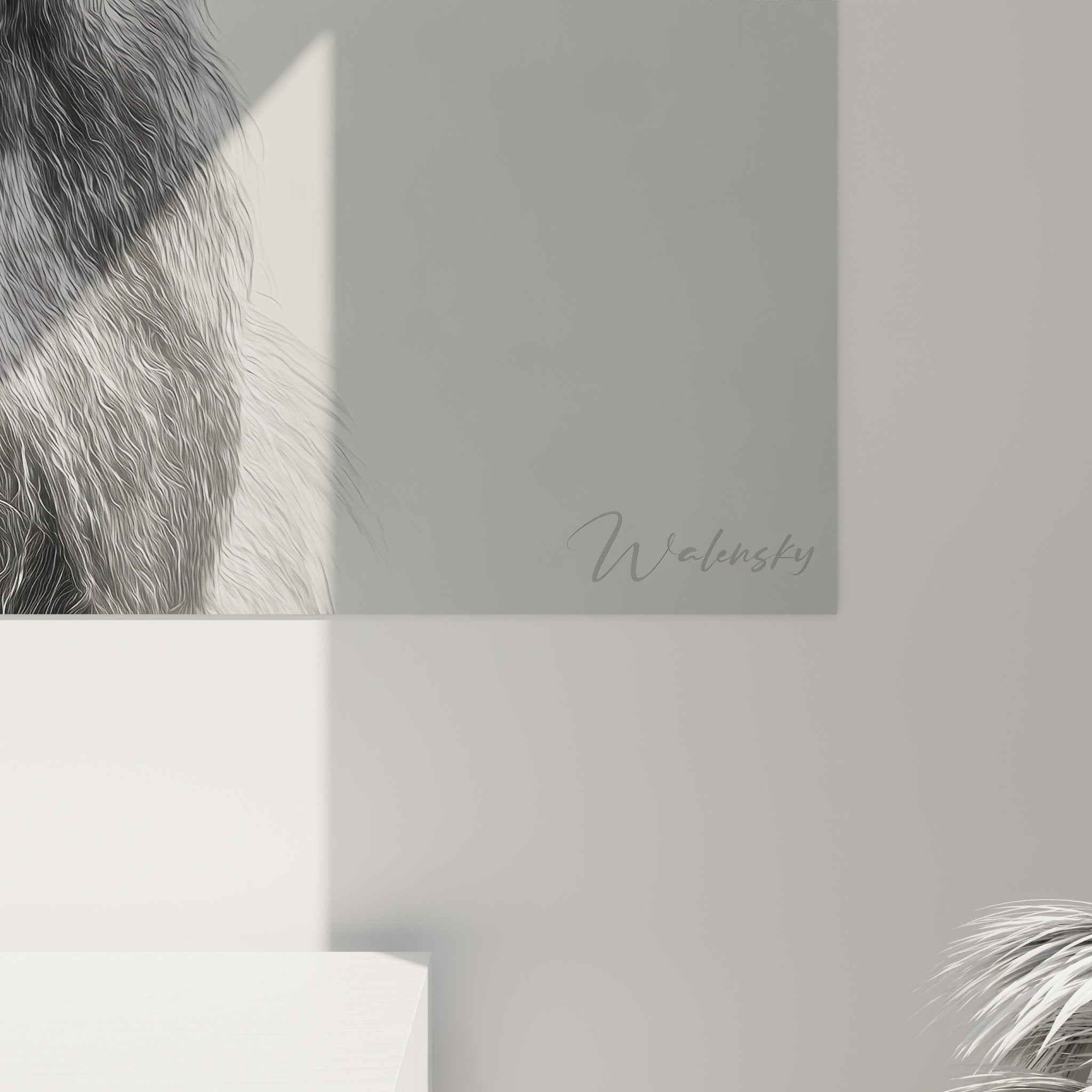 Vue d'ensemble tableau Deerhound noir blanc dans intérieur élégant avec éclairage d'ambiance