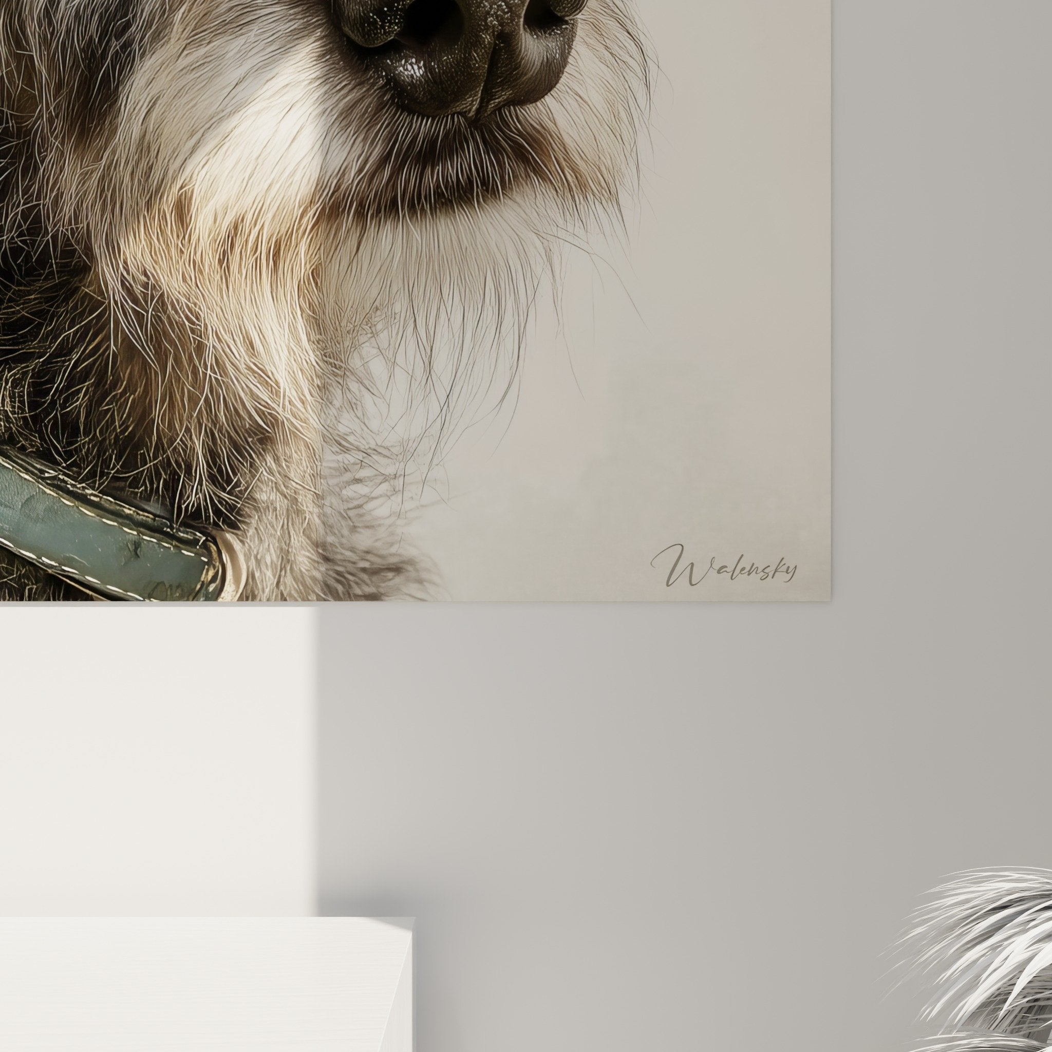 Vue ensemble portrait chien Deerhound yeux ambres salon decoration murale elegante