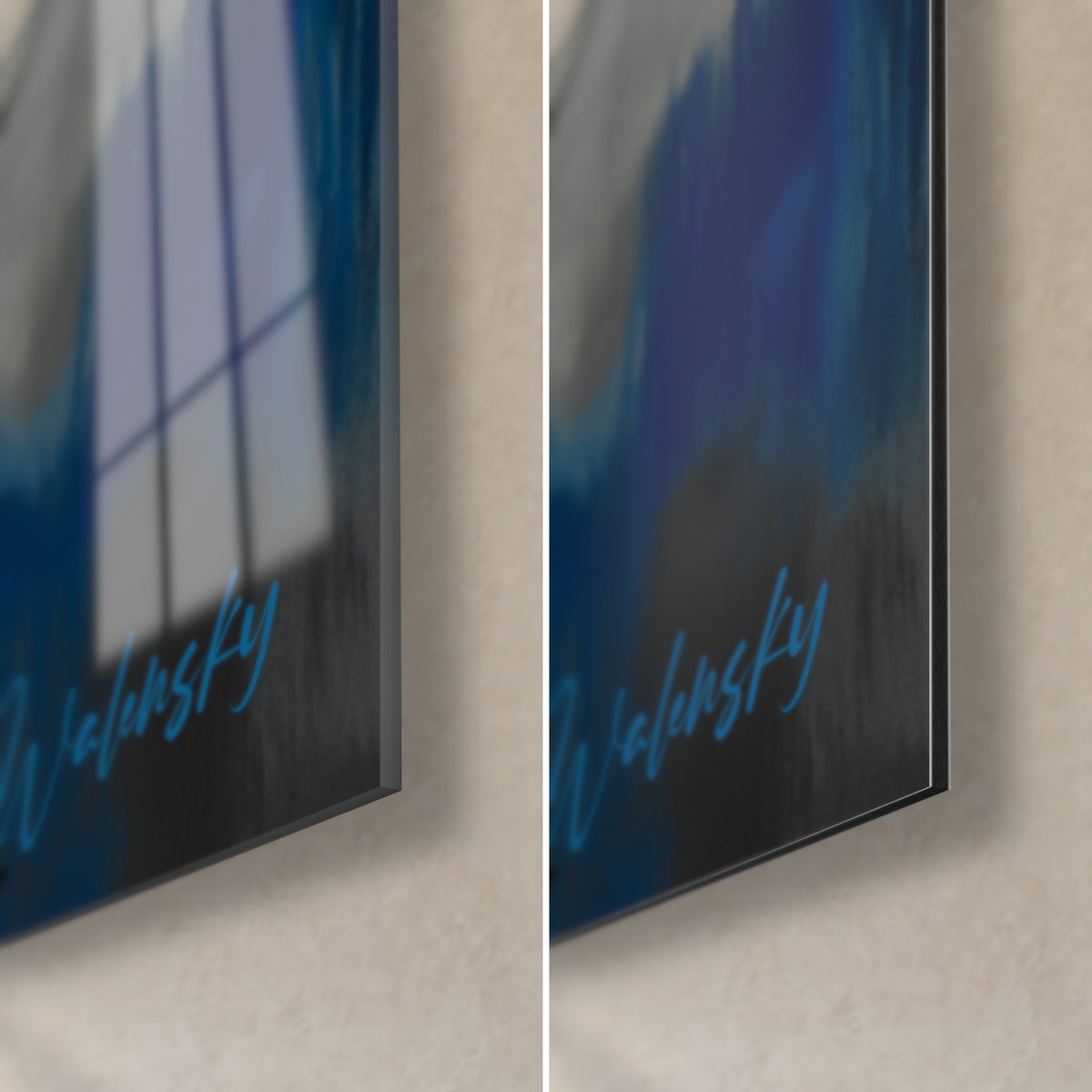 Wall art lone walker on mirror water, bottom right corner: glossy glass on the left, matte Dibond aluminium on the right, midnight blue and turquoise, 3 mm edge
