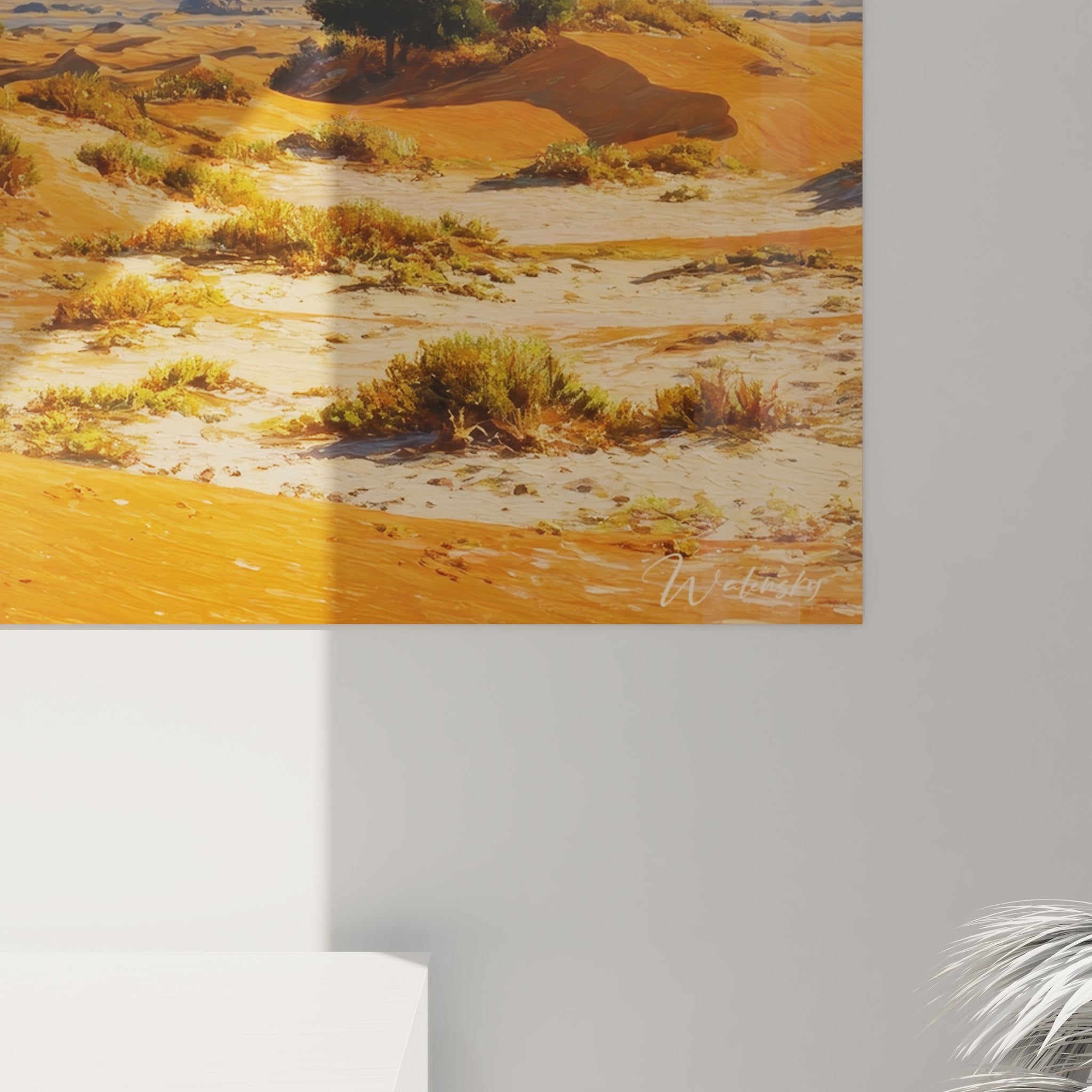 Vue ensemble tableau mural désert avec montagnes dans décoration intérieure contemporaine