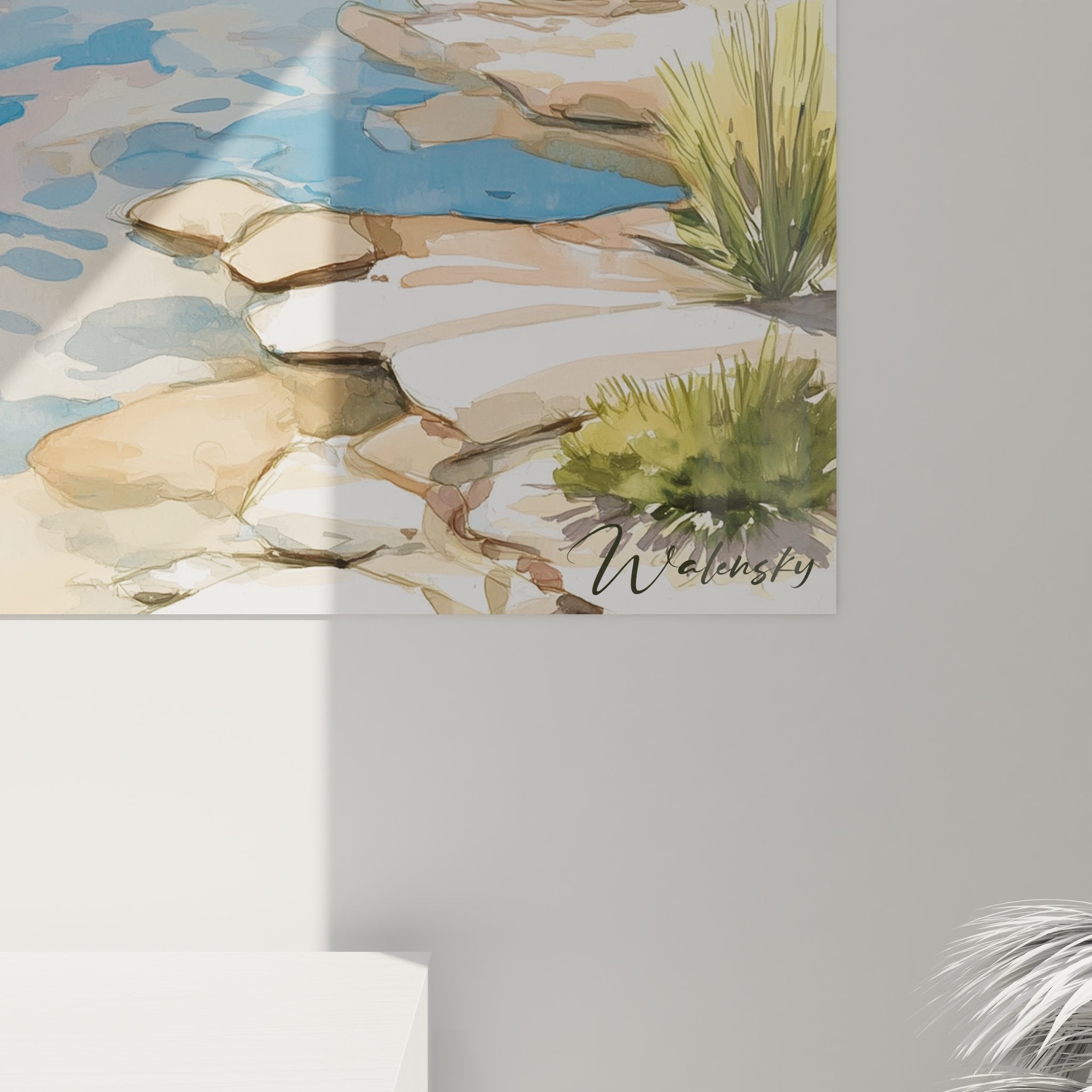 Vue d'ensemble tableau mural oasis désert rocheux avec montagnes et ciel étoilé en arrière-plan