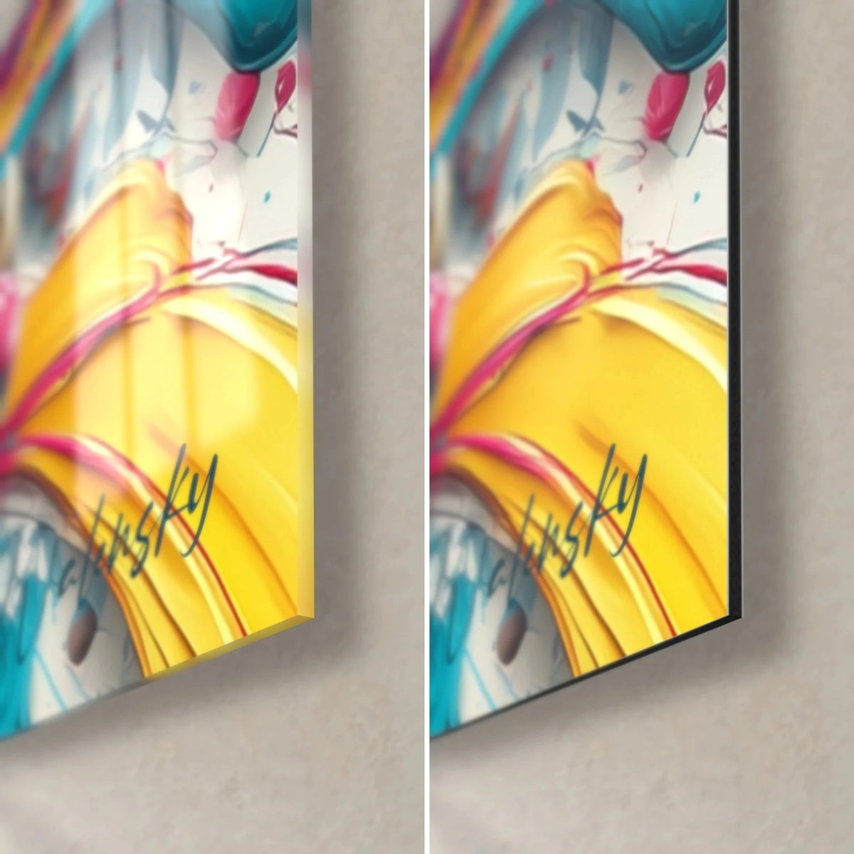 Gemälde Dinosaurier in Fuchsia und Gelb, untere rechte Ecke: glänzendes Acrylglas links, matter Dibond-Aluminium rechts, 3 mm Stärke