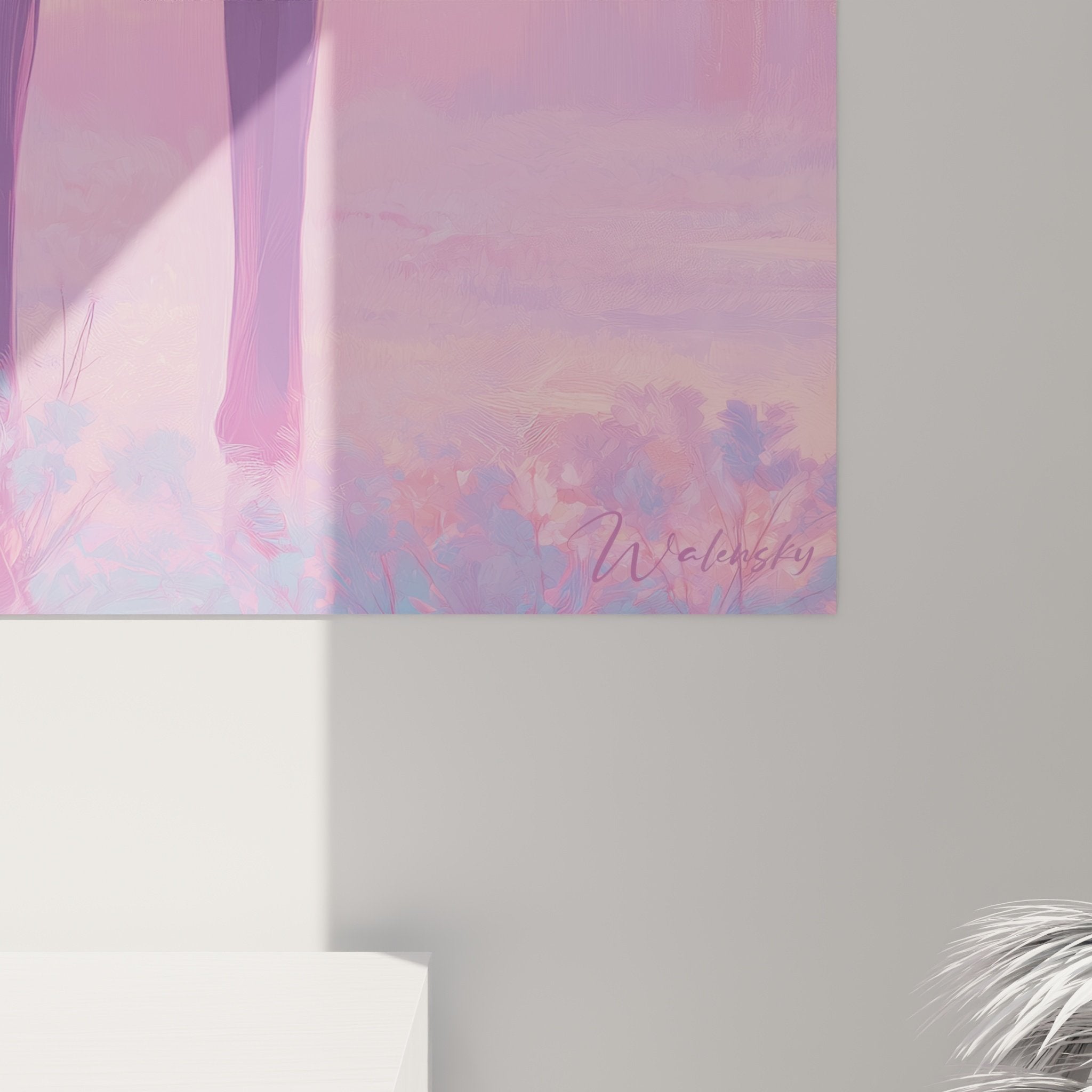 Vue d'ensemble du tableau Doberman coloré dans intérieur contemporain, art mural aux nuances pastel