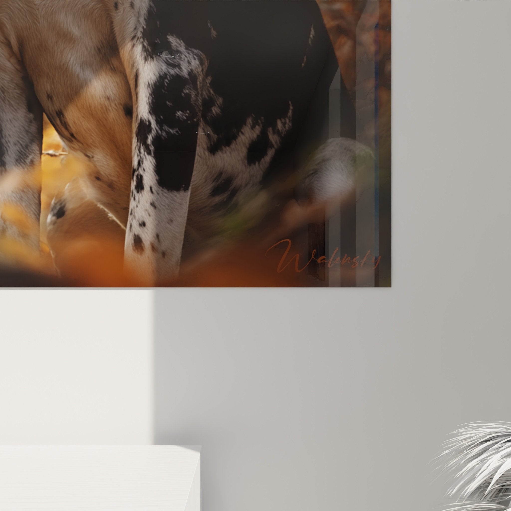 Vue d'ensemble tableau Dogue Allemand arlequin portrait lumineux pour decoration murale