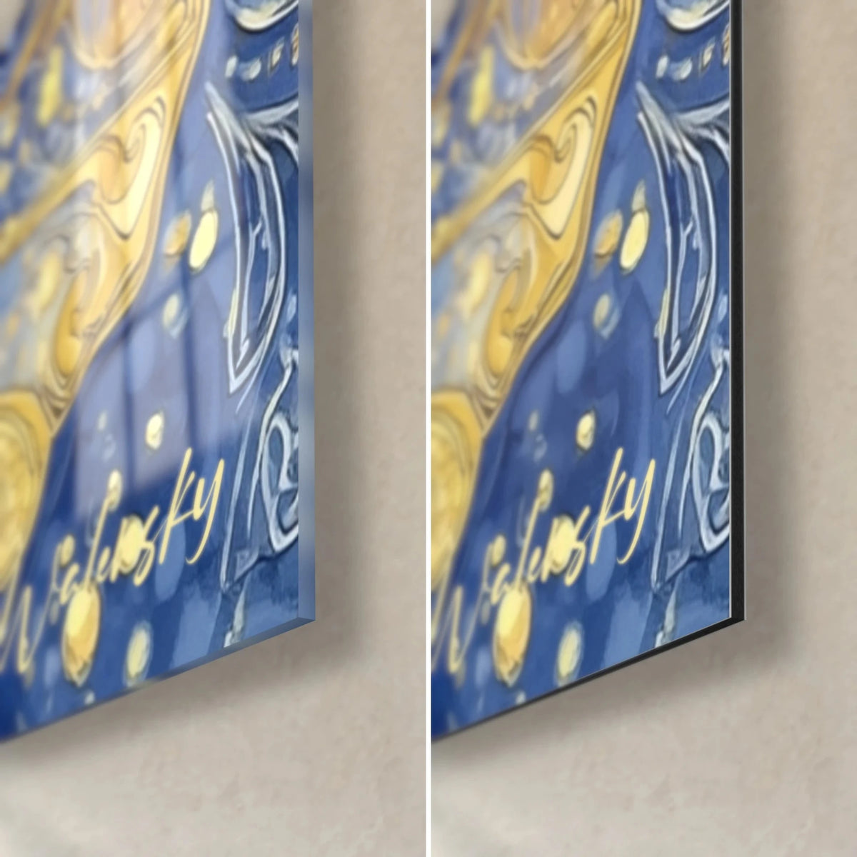 Cuadro de un placodermo ornamentado, esquina inferior derecha: cristal brillante con reflejos y Dibond mate, canto de 3 mm, azul y oro
