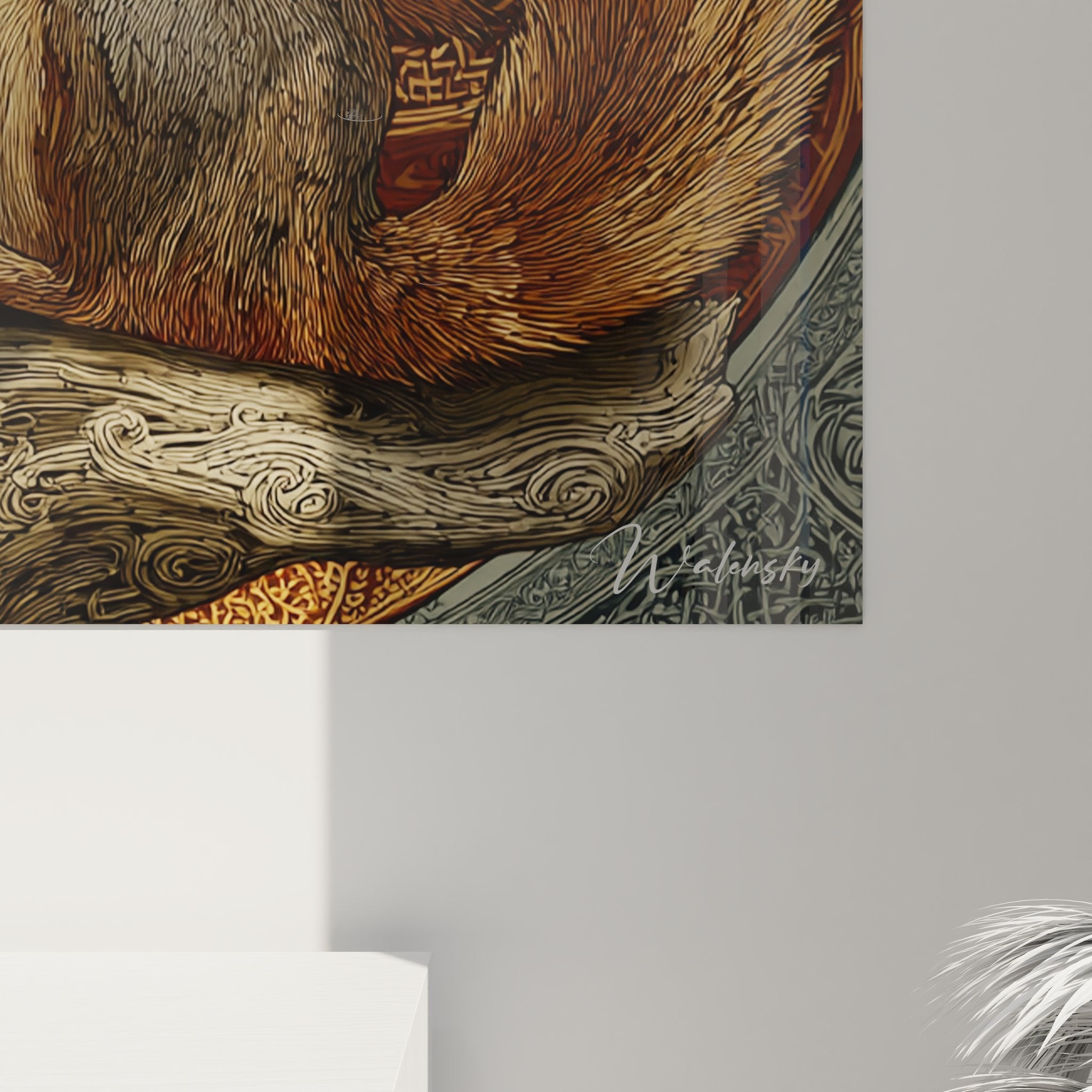 Vue ensemble tableau mural écureuil mystique art celtique avec encadrement et motifs dorés décoratifs