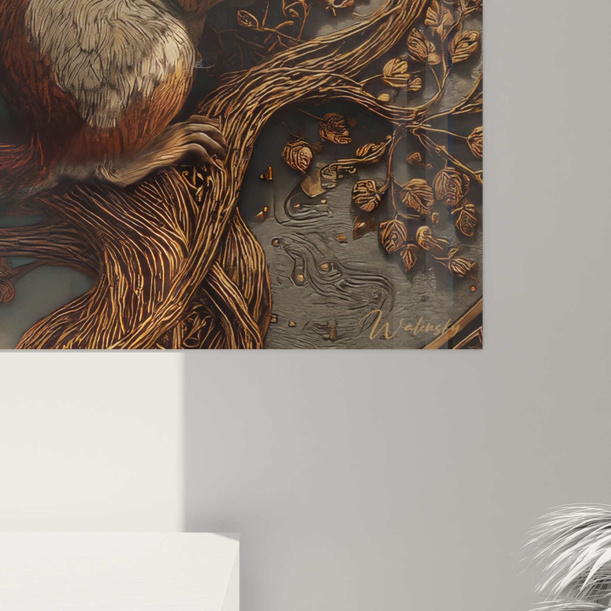 Vue d'ensemble du tableau écureuil ornementé montrant la composition complète avec cadre et finitions