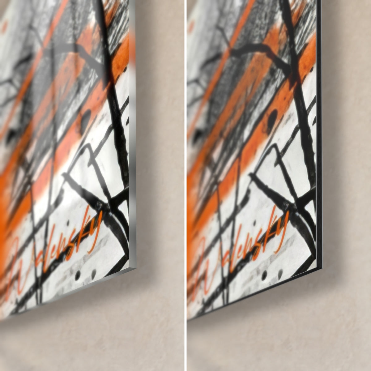 Wall art deer in black ink and orange, bottom right corner: glossy acrylic glass on the left, matte Dibond on the right