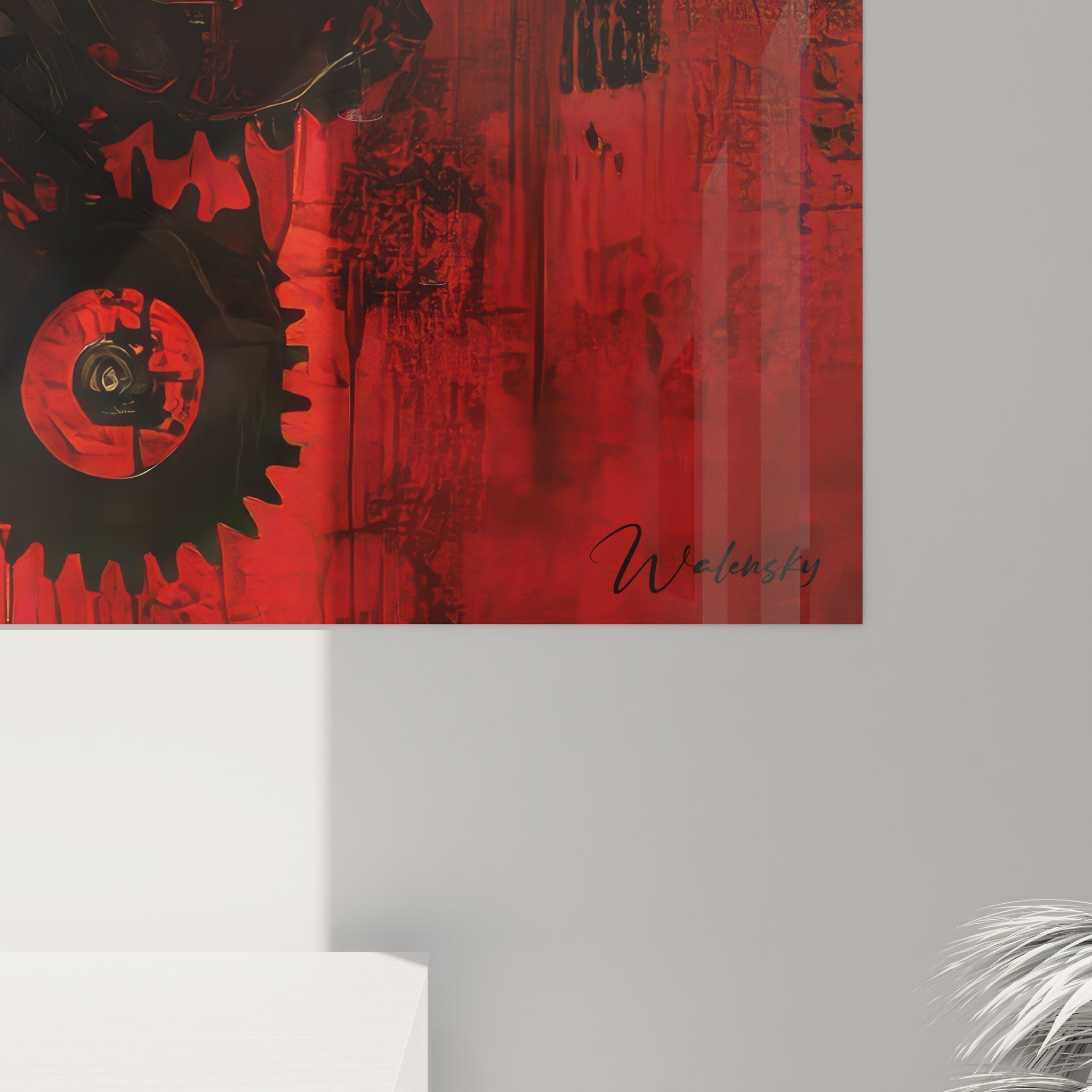 Vue ensemble tableau engrenages rouges art industriel décoration murale mécanique moderne