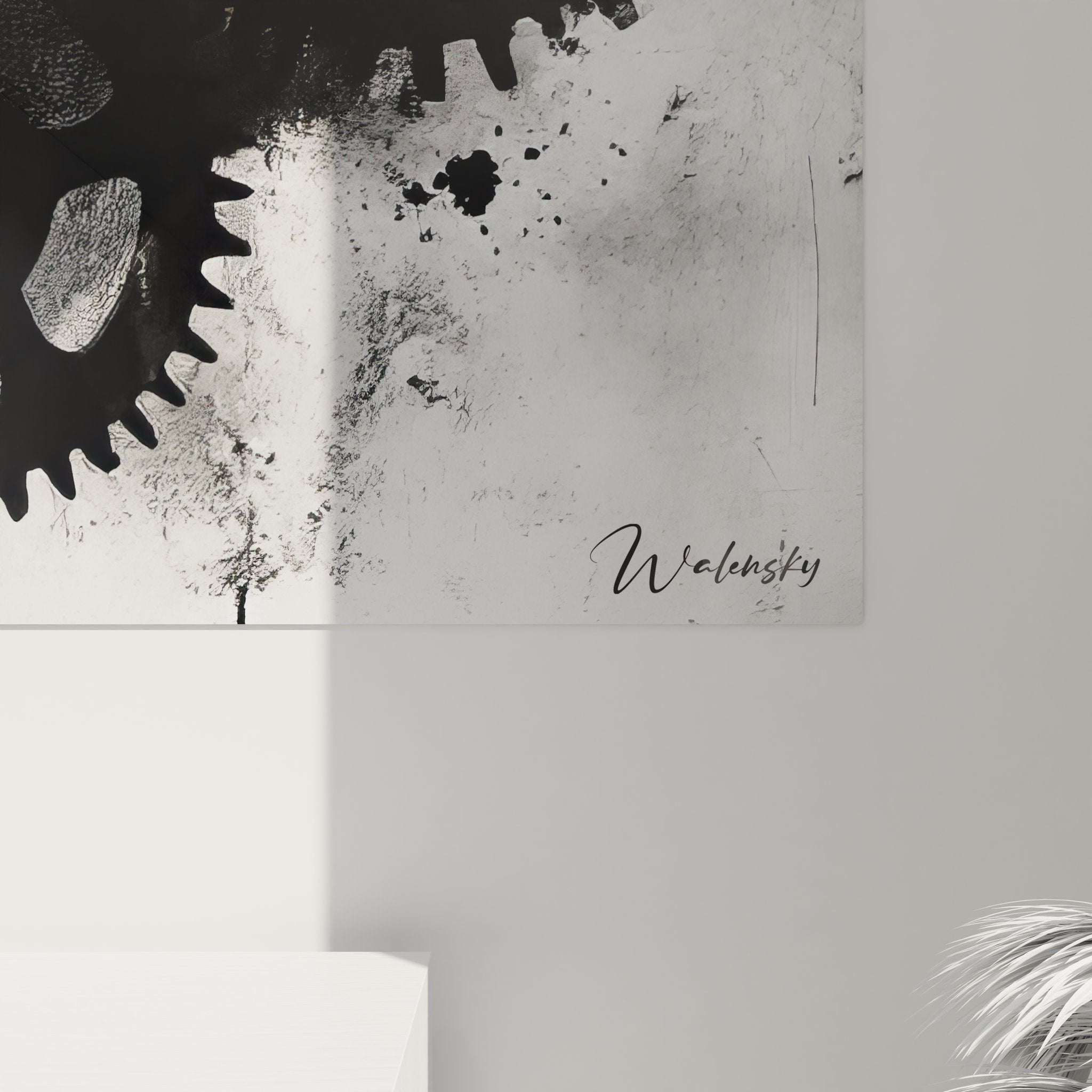 Vue ensemble tableau mural engrenages mécaniques composition abstraite art industriel contemporain