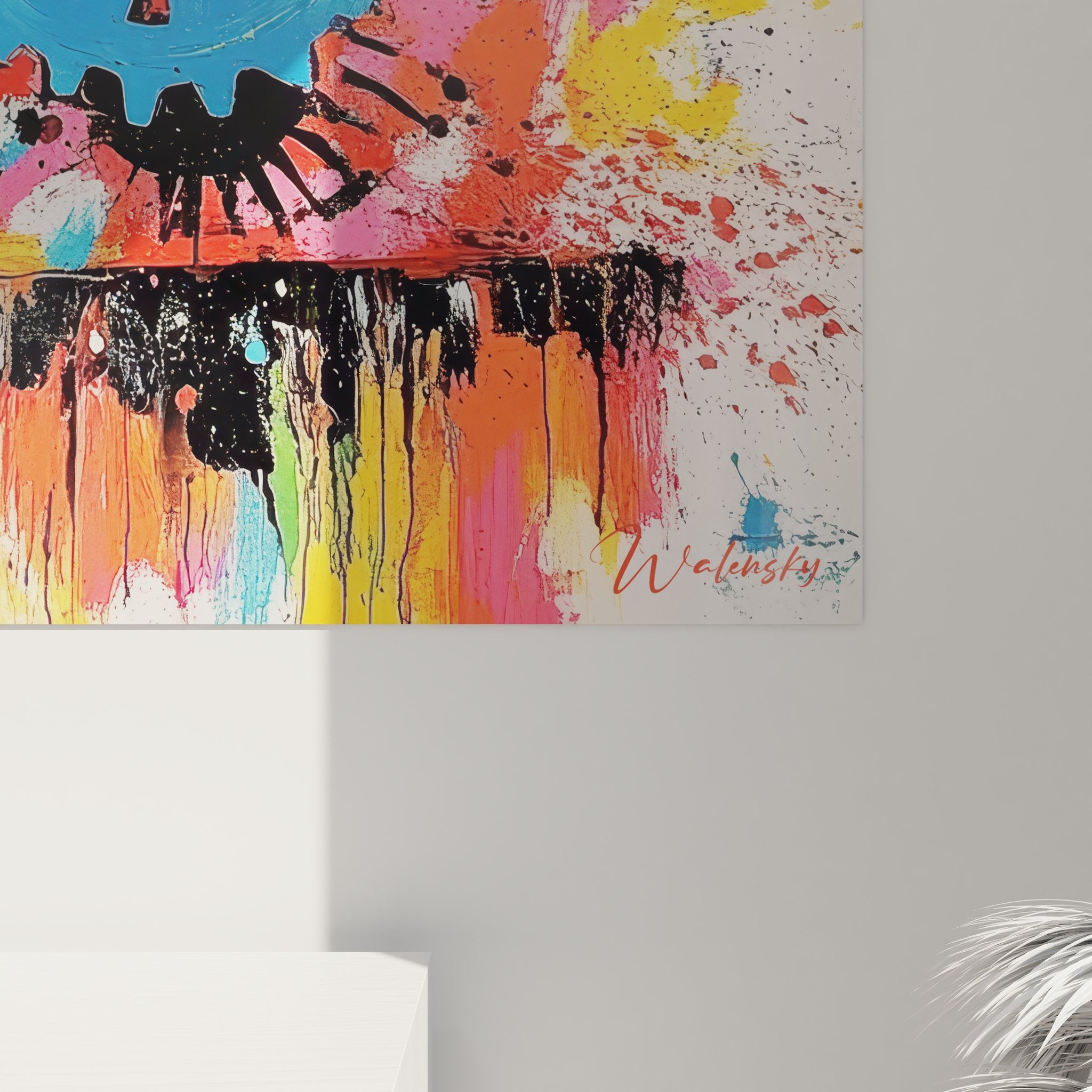 Vue ensemble tableau engrenages explosion couleurs décoration murale industrielle moderne