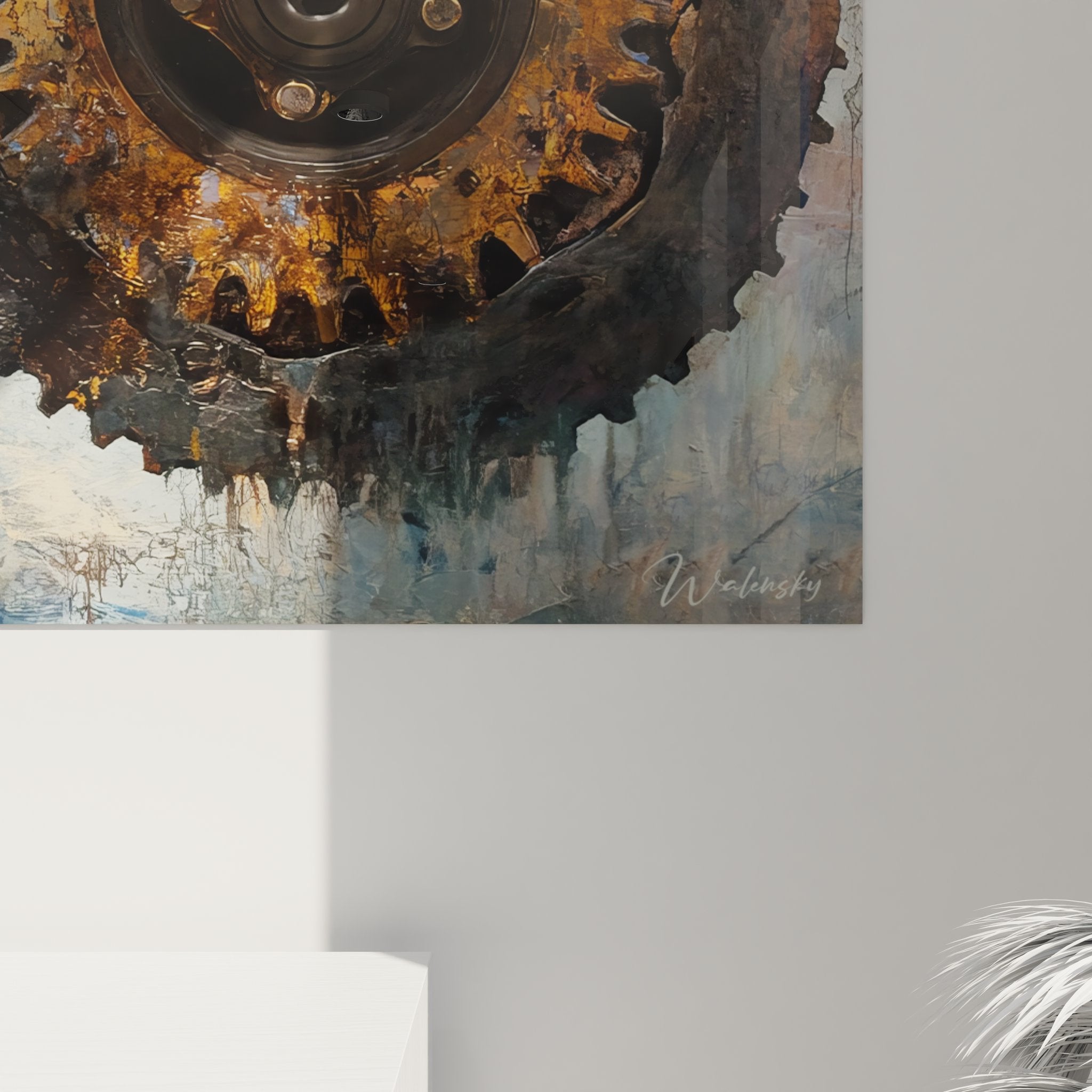 Vue ensemble tableau mural engrenages industriels rouillés décoration murale style loft steampunk