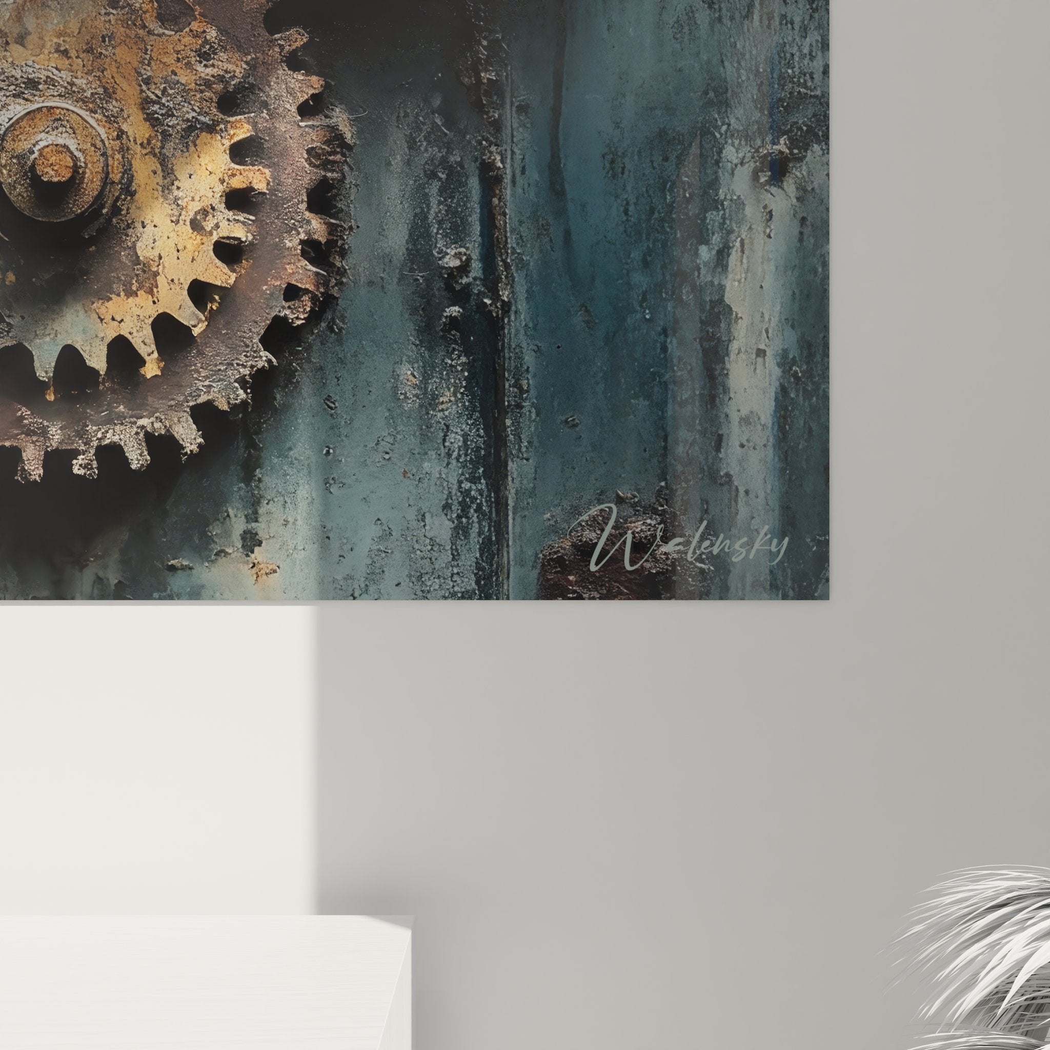 Vue ensemble tableau engrenages mécaniques - toile industrielle vintage décoration murale steampunk