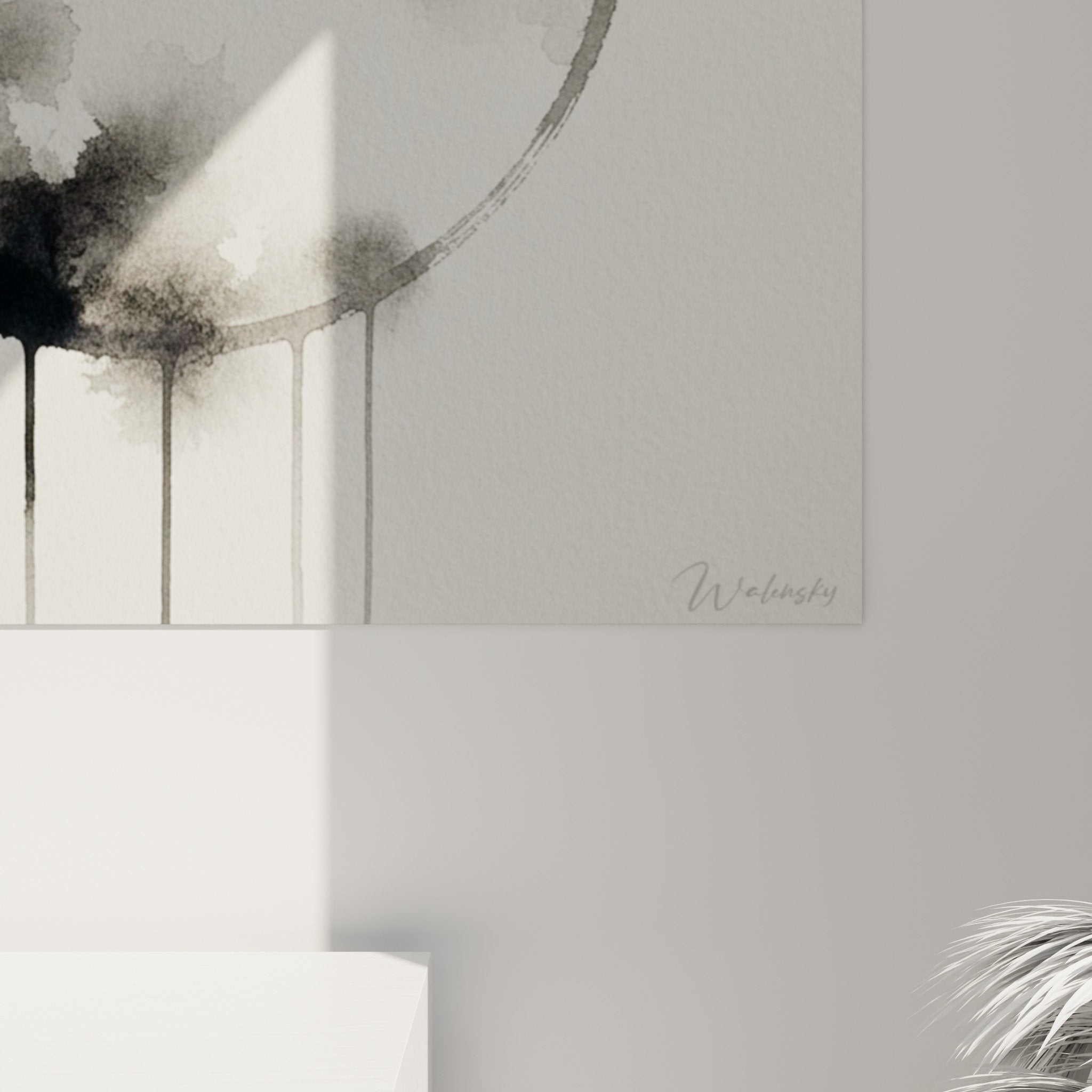 Overview of monochrome Enso artwork in modern interior with neutral tones