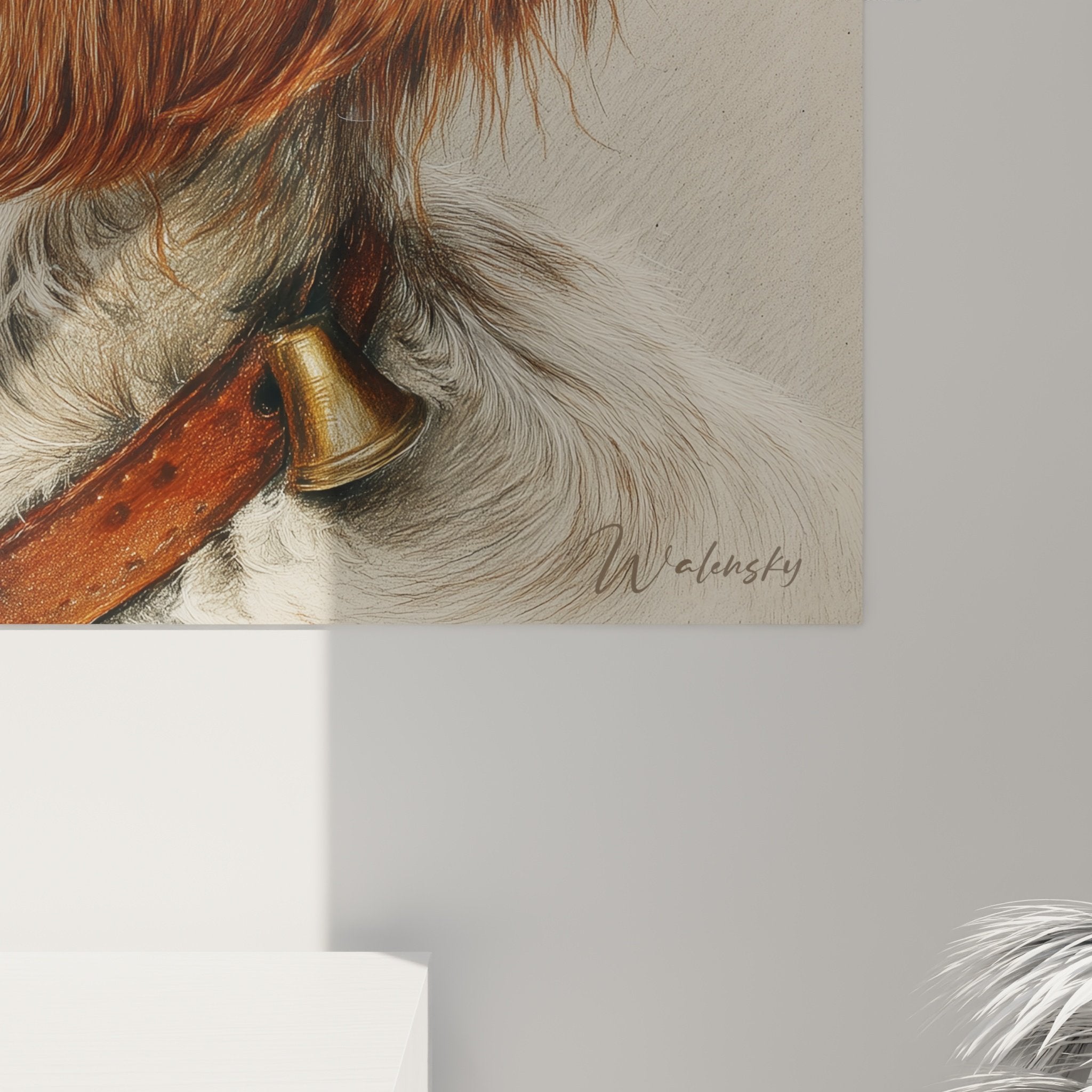 Vista d'insieme quadro spaniel bretone ritratto murale decorazione interna stile campagna chic