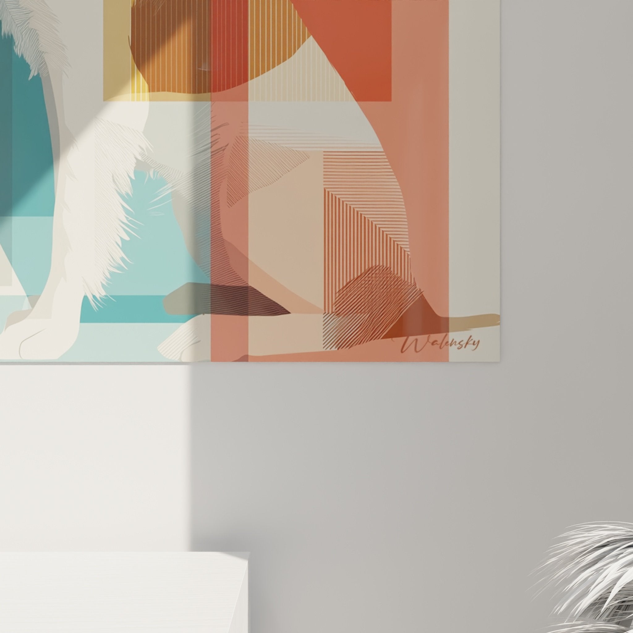 Vista generale quadro murale Bretone Spaniel stile contemporaneo, composizione geometrica blu arancione per decorazione