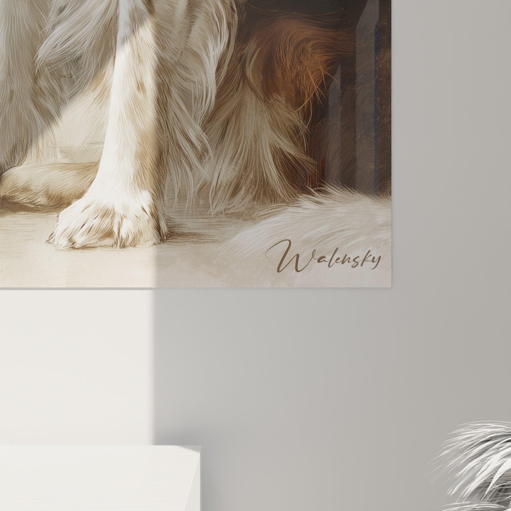 Vista d'insieme del quadro murale Bretone Spaniel in un interno contemporaneo, stile decorativo canino