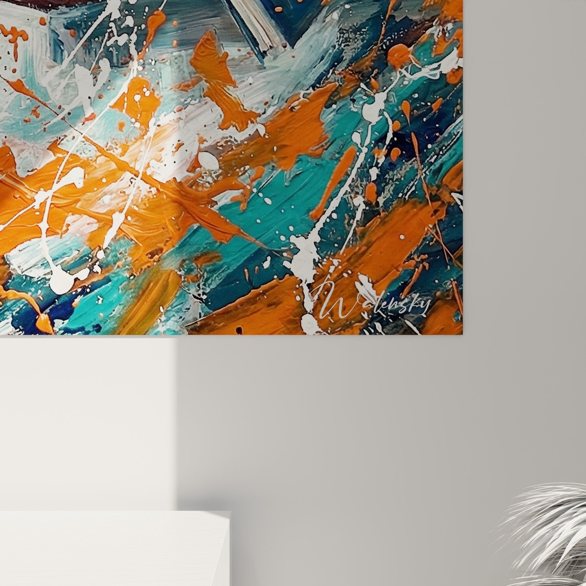 Vue d'ensemble tableau mural Epagneul Japonais composition artistique chaos coloré orange turquoise