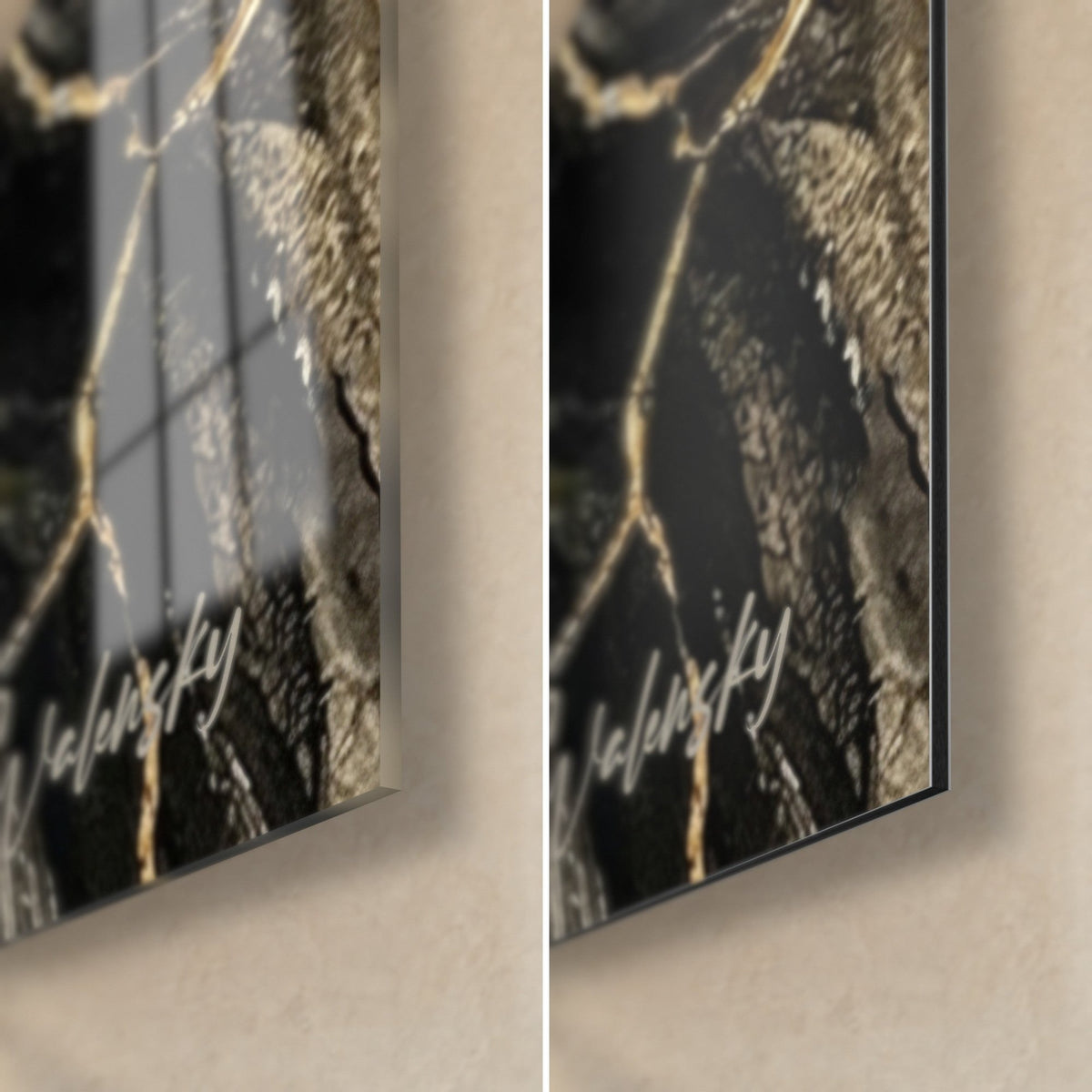 Cuadro perro Spaniel japonés con grietas doradas, esquina inferior derecha en cristal acrílico brillante con reflejos, a la derecha aluminio Dibond negro mate