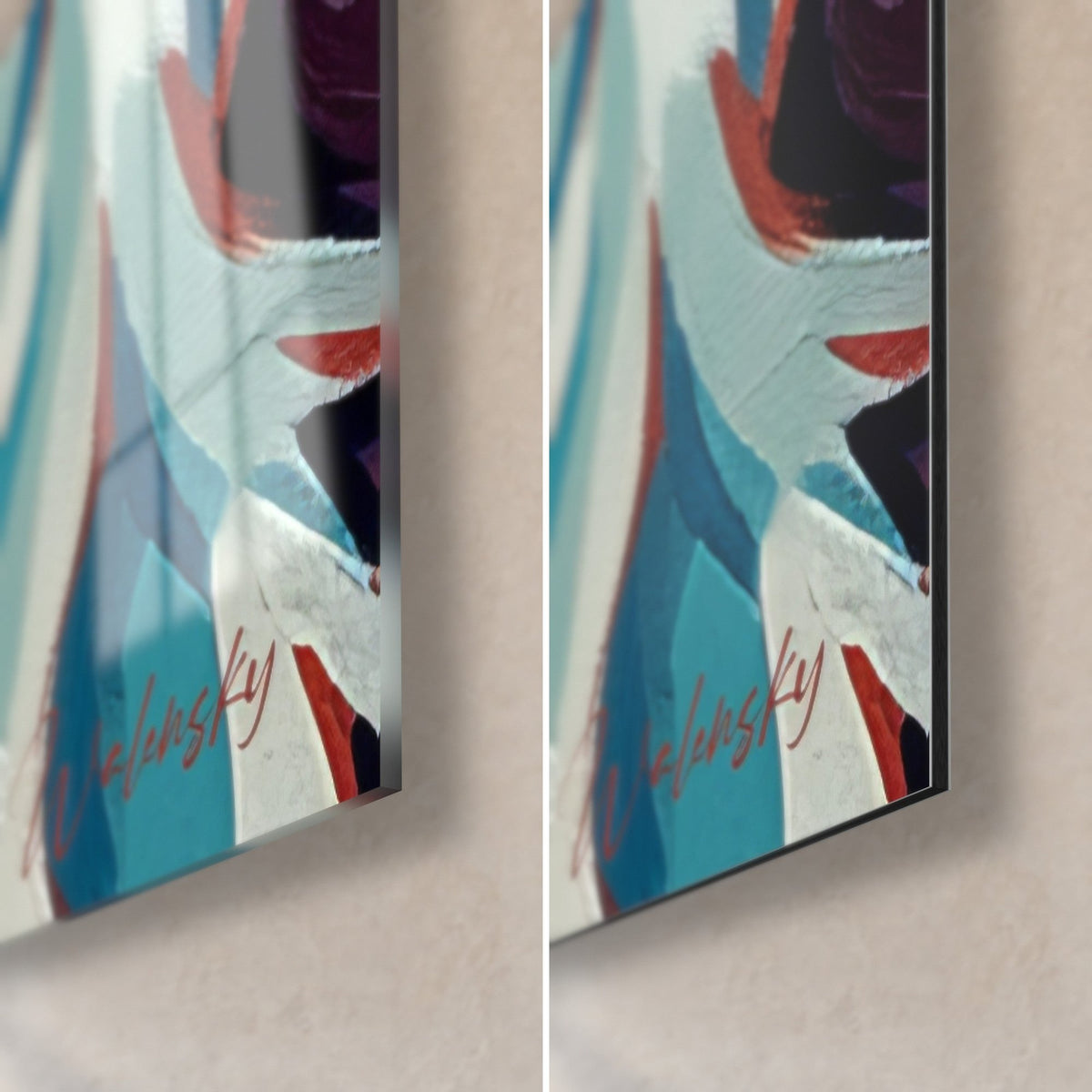Schilderij spanielportret, rechtsonder: glanzend acrylglas dat reflecteert, mat Dibond, rand van 3 mm, wit en turquoise